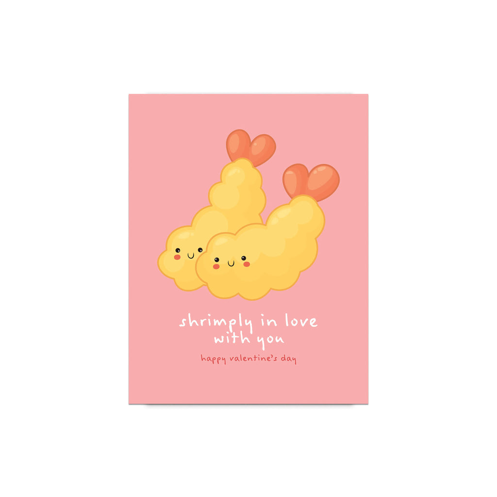 Valentine's Day card with Heart-shaped tempura shrimp on blush pink with “shrimply in love with you.”