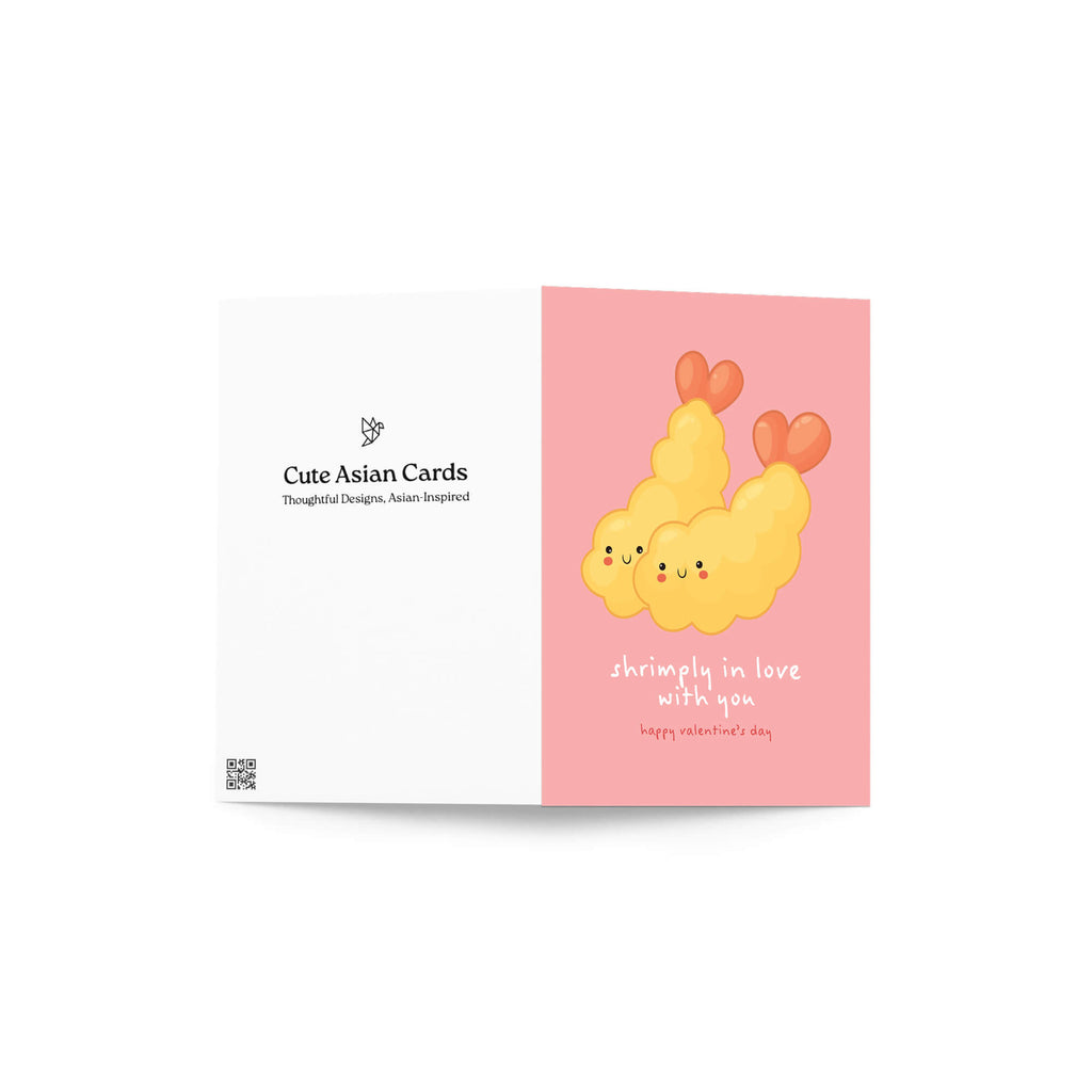 Valentine's Day card with Heart-shaped tempura shrimp on blush pink with “shrimply in love with you.”