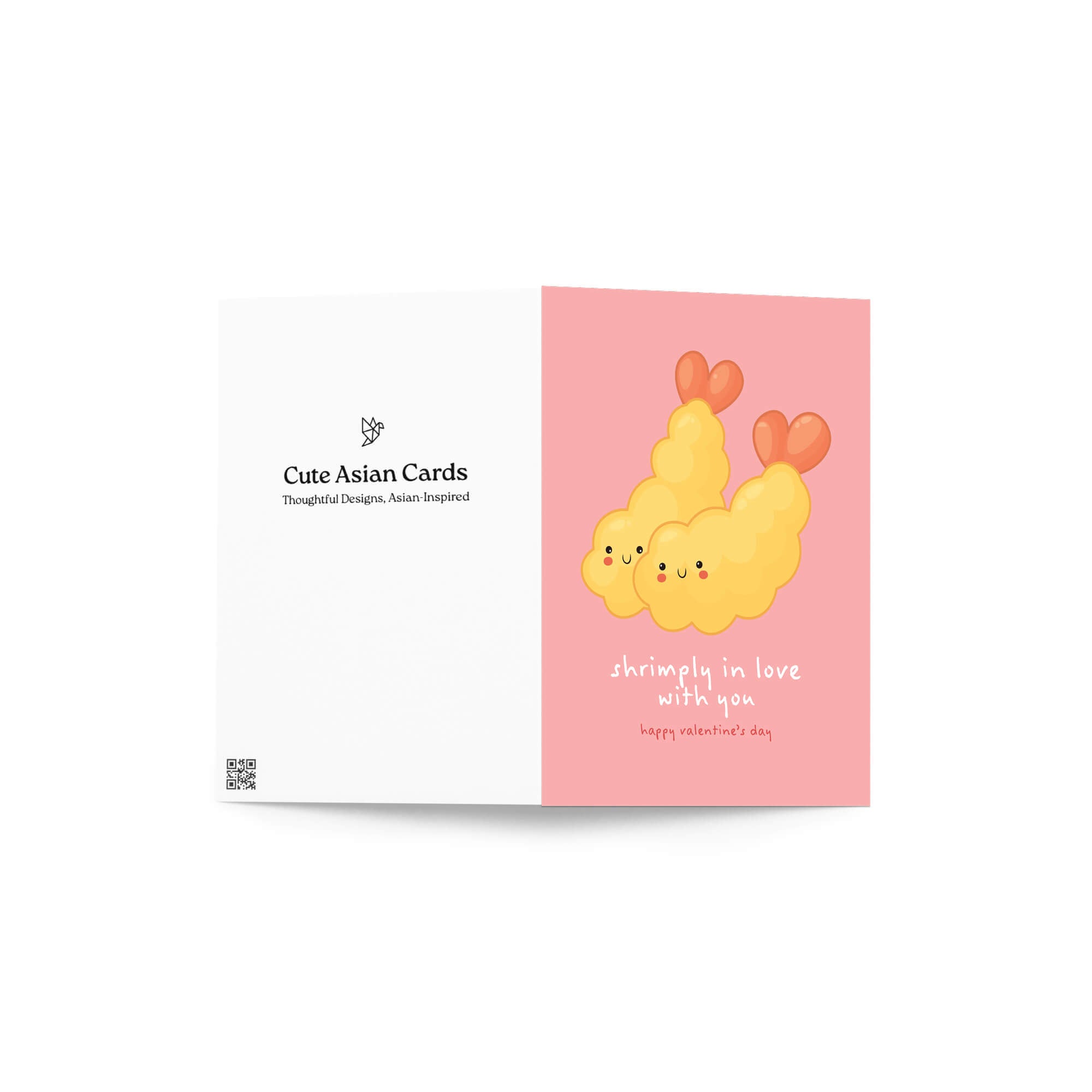 Valentine's Day card with Heart-shaped tempura shrimp on blush pink with “shrimply in love with you.”