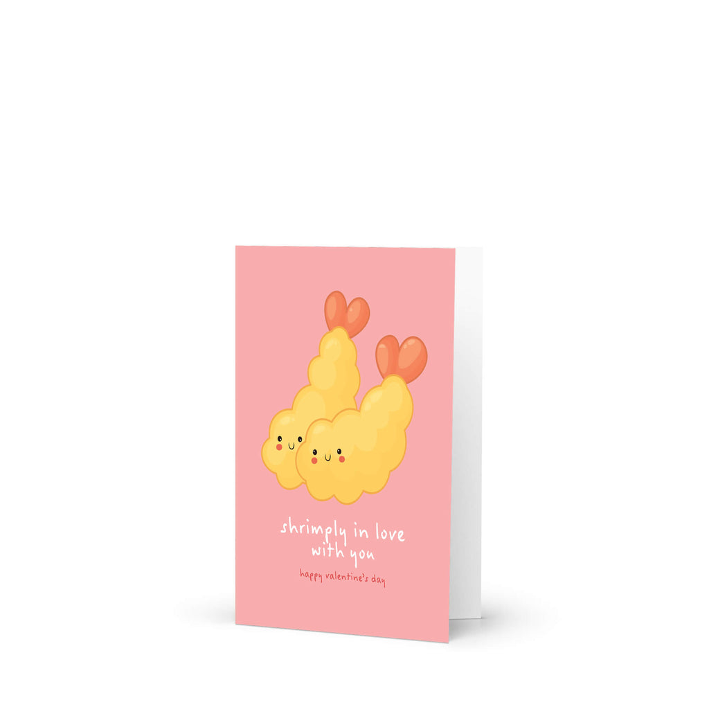 Valentine's Day card with Heart-shaped tempura shrimp on blush pink with “shrimply in love with you.”