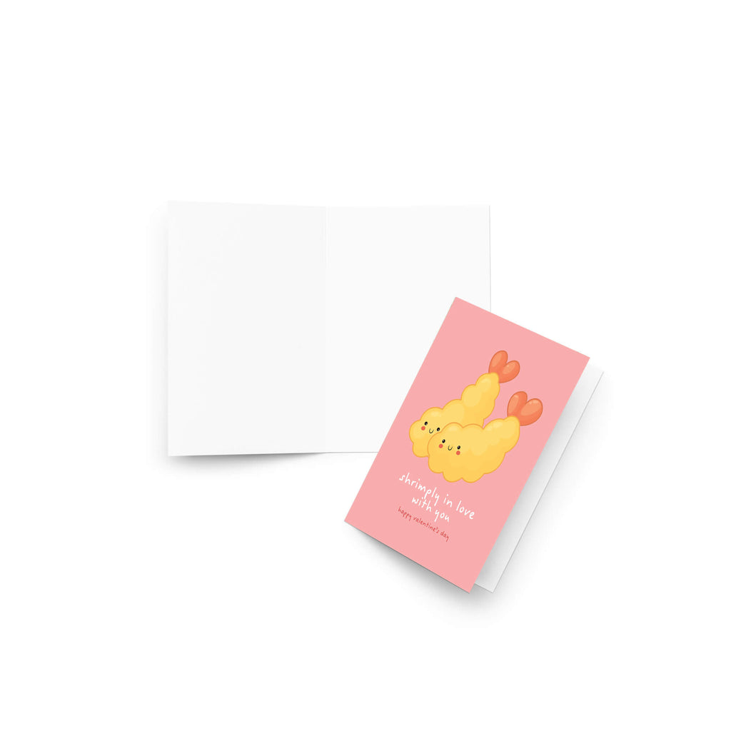 Valentine's Day card with Heart-shaped tempura shrimp on blush pink with “shrimply in love with you.”