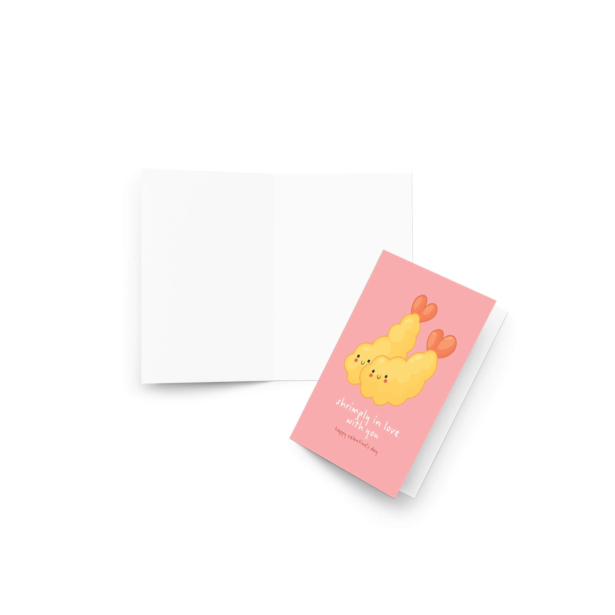 Valentine's Day card with Heart-shaped tempura shrimp on blush pink with “shrimply in love with you.”