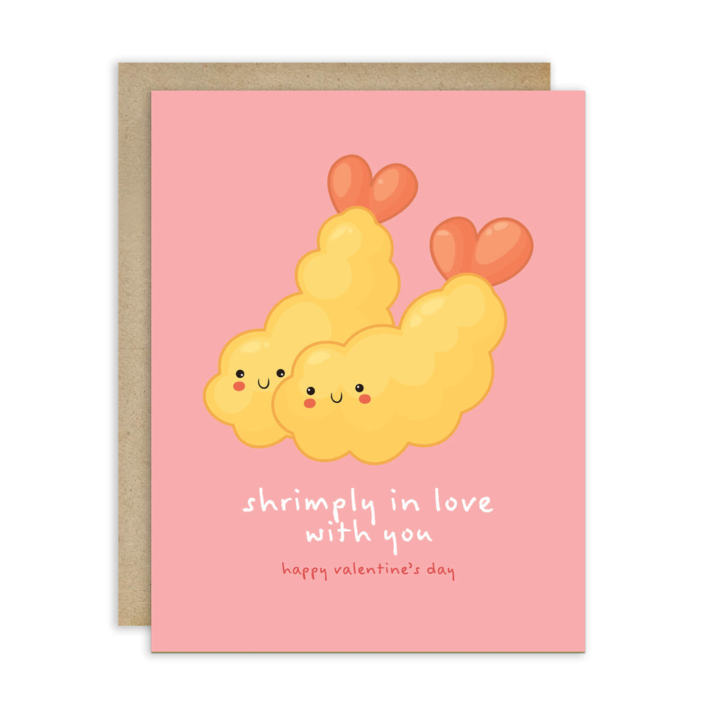Valentine's Day card with Heart-shaped tempura shrimp on blush pink with “shrimply in love with you.”