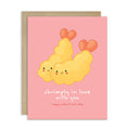 Valentine's Day card with Heart-shaped tempura shrimp on blush pink with “shrimply in love with you.”