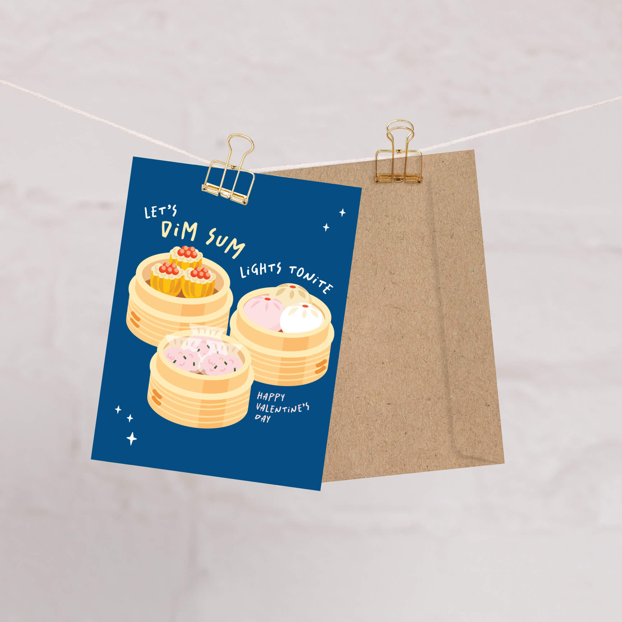 blue valentines day card with Three bamboo steamers on navy with text “Let’s dim sum lights tonite — Happy Valentine’s Day.”