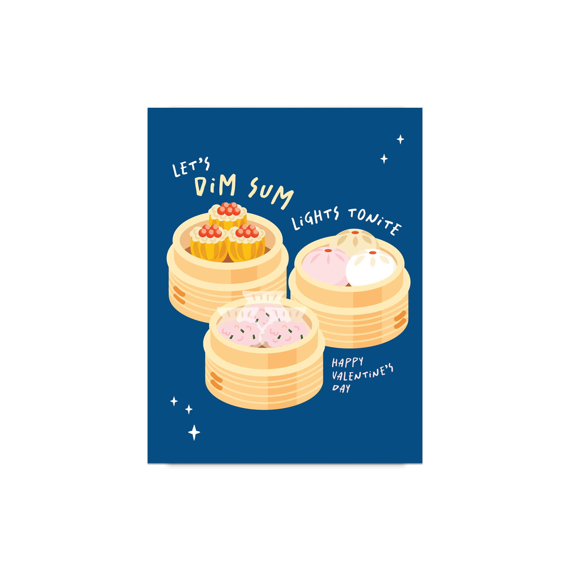 blue valentines day card with Three bamboo steamers on navy with text “Let’s dim sum lights tonite — Happy Valentine’s Day.”