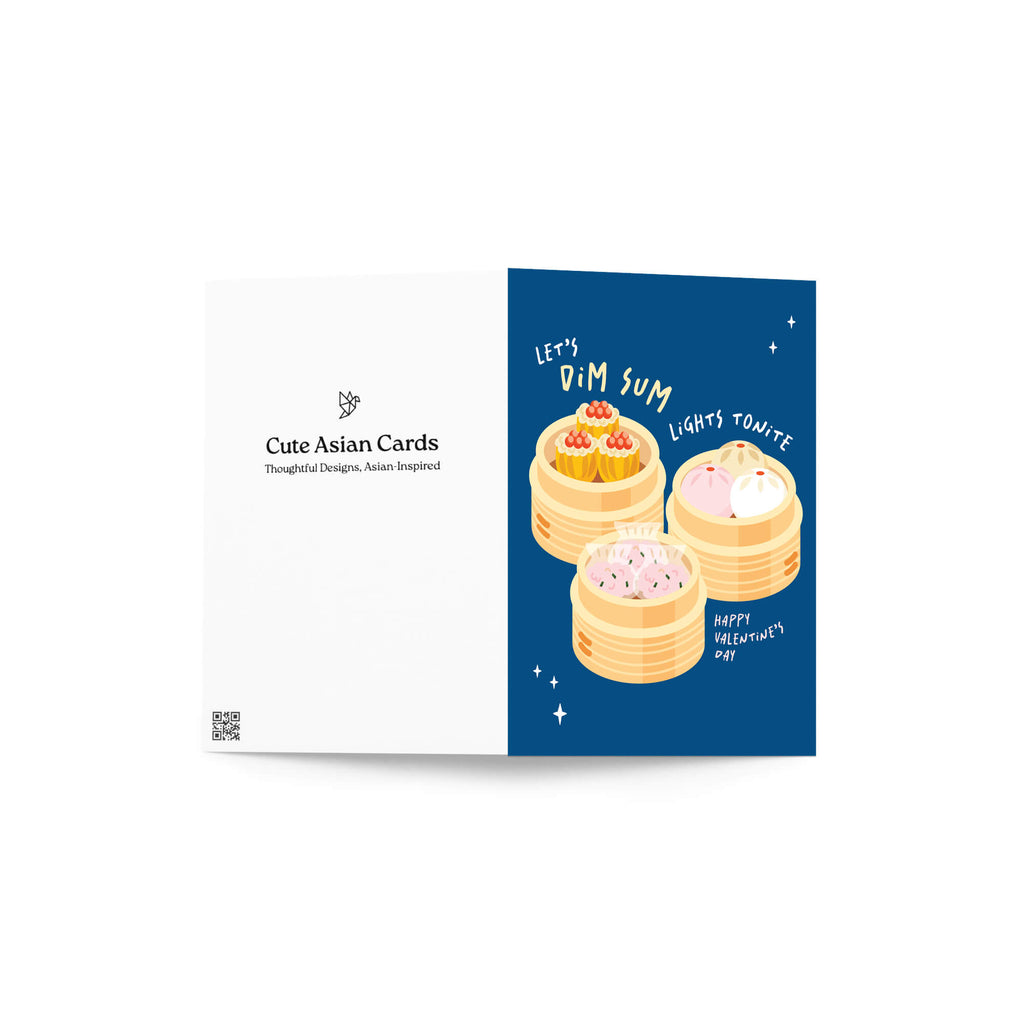 blue valentines day card with Three bamboo steamers on navy with text “Let’s dim sum lights tonite — Happy Valentine’s Day.”
