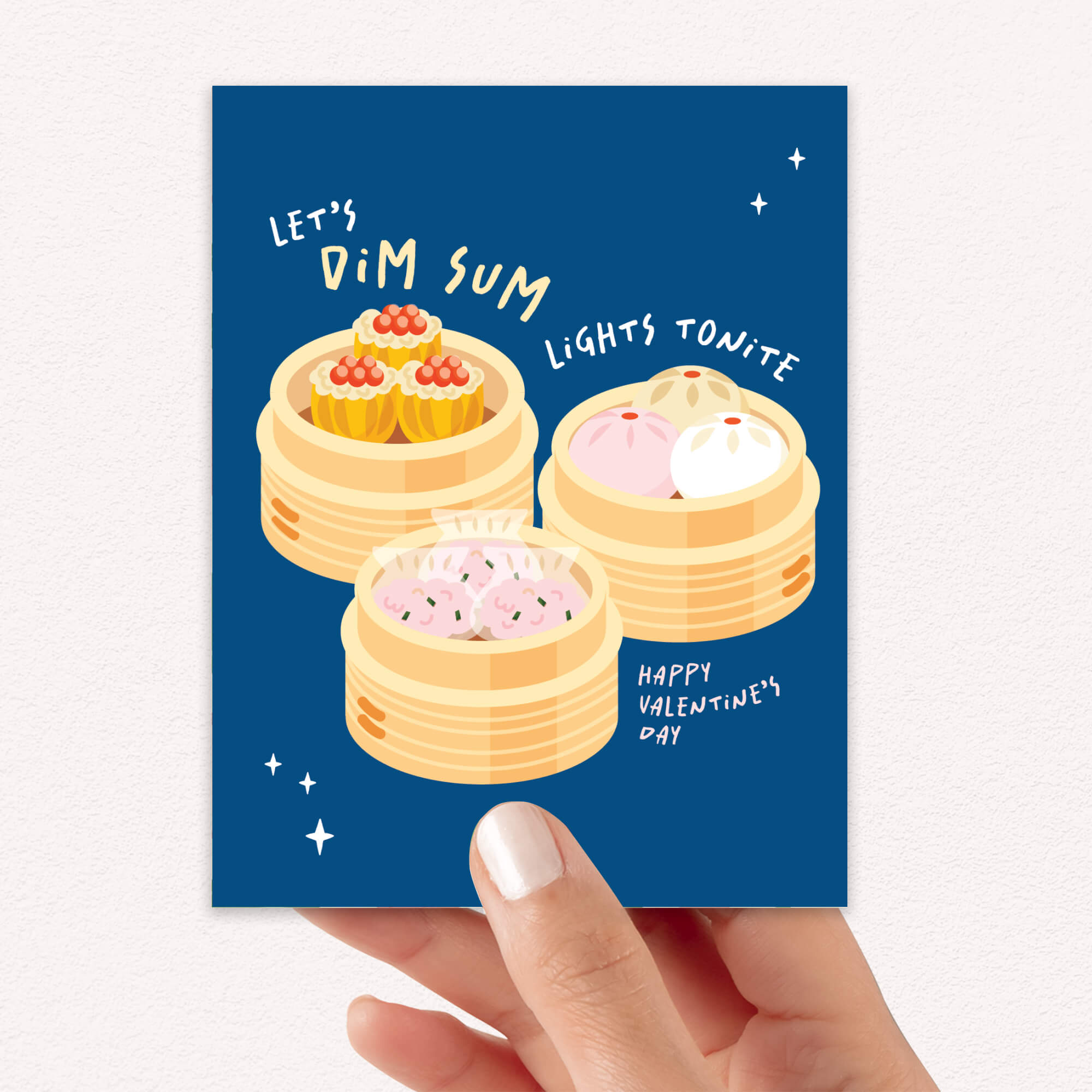 blue valentines day card with Three bamboo steamers on navy with text “Let’s dim sum lights tonite — Happy Valentine’s Day.”