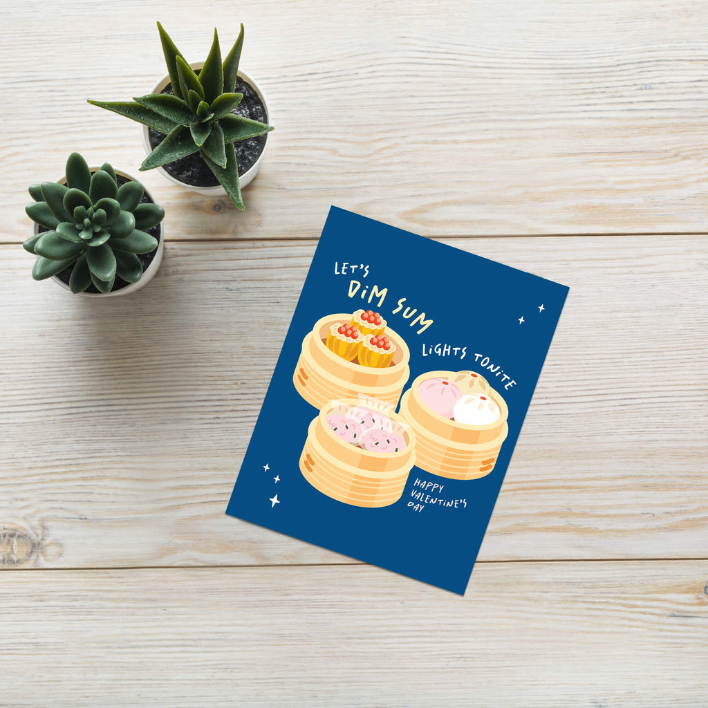 blue valentines day card with Three bamboo steamers on navy with text “Let’s dim sum lights tonite — Happy Valentine’s Day.”