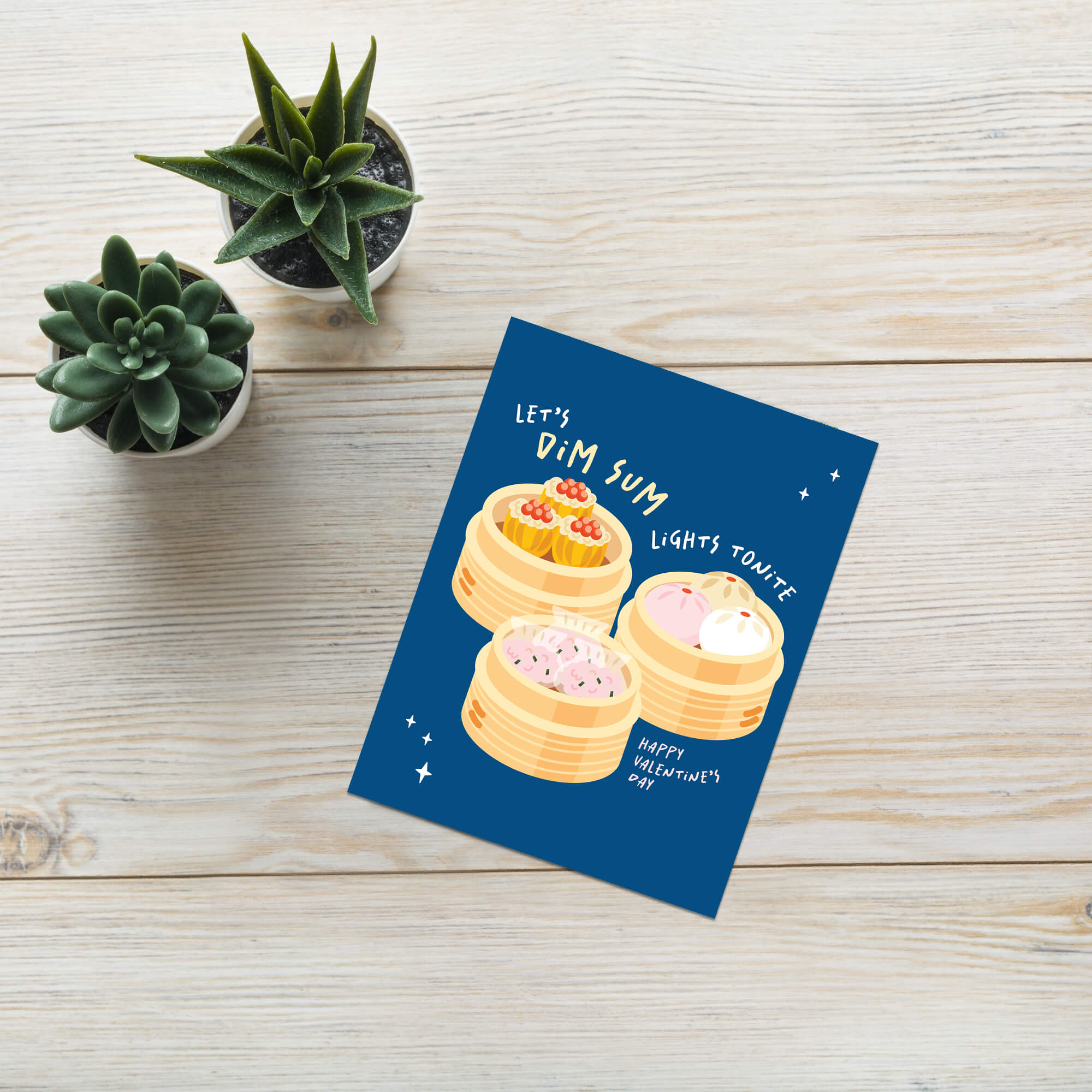 blue valentines day card with Three bamboo steamers on navy with text “Let’s dim sum lights tonite — Happy Valentine’s Day.”