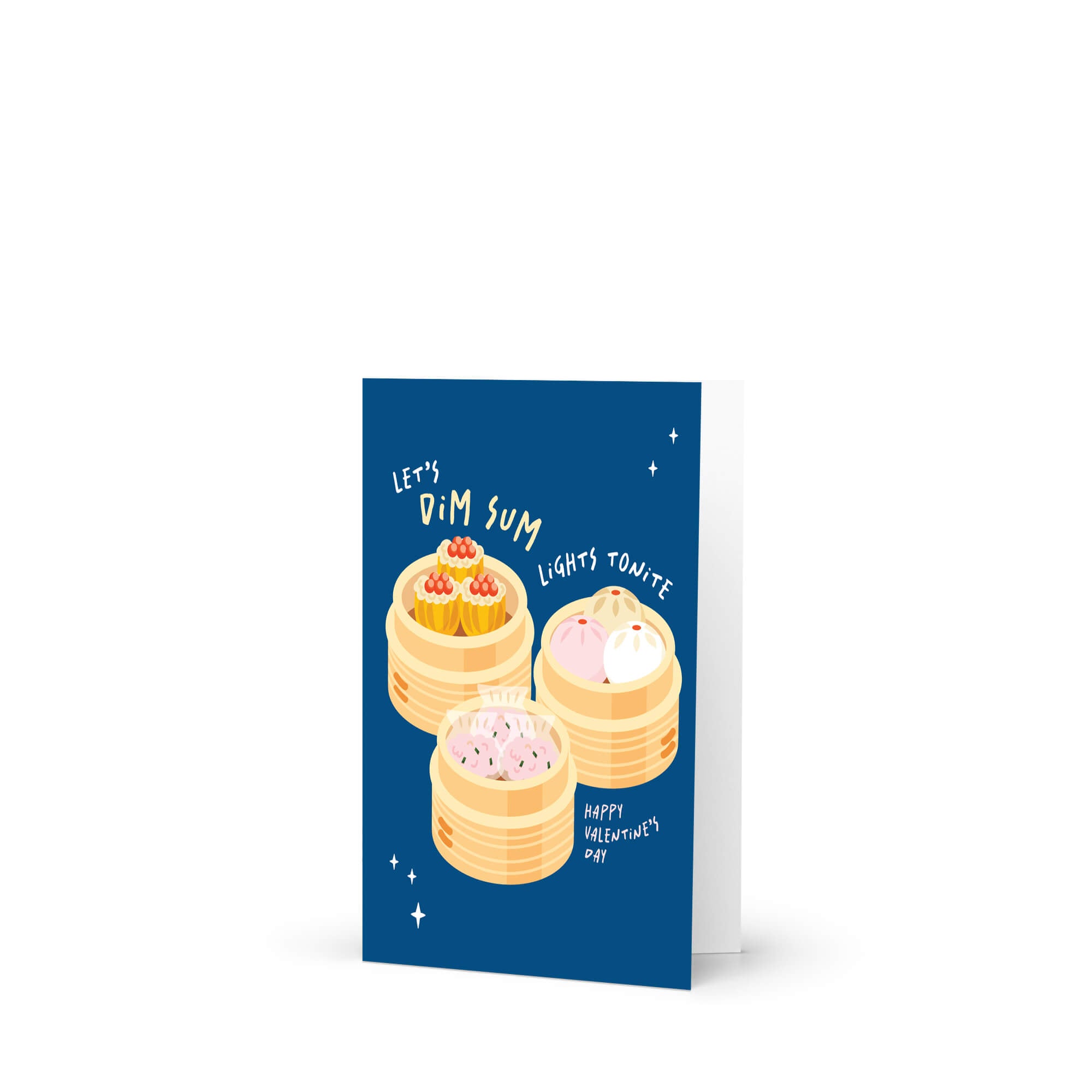 blue valentines day card with Three bamboo steamers on navy with text “Let’s dim sum lights tonite — Happy Valentine’s Day.”