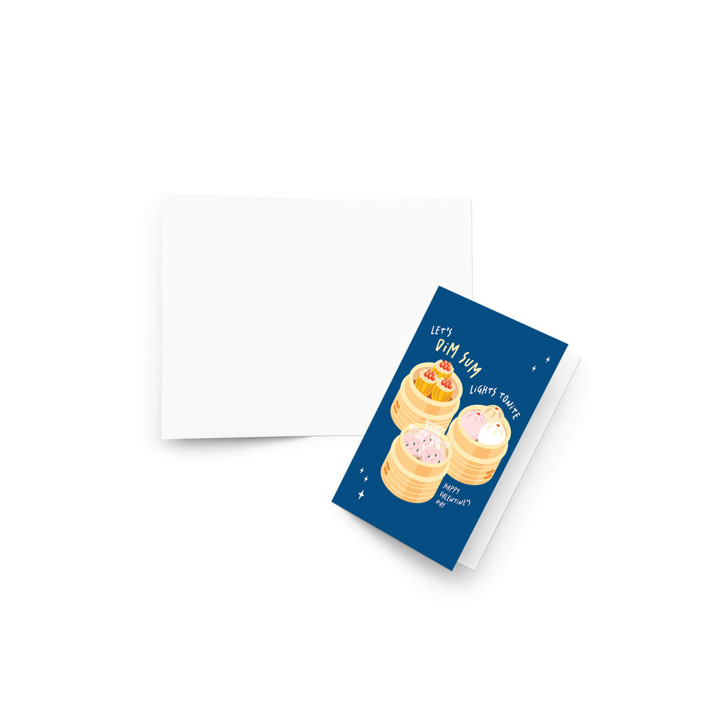 blue valentines day card with Three bamboo steamers on navy with text “Let’s dim sum lights tonite — Happy Valentine’s Day.”