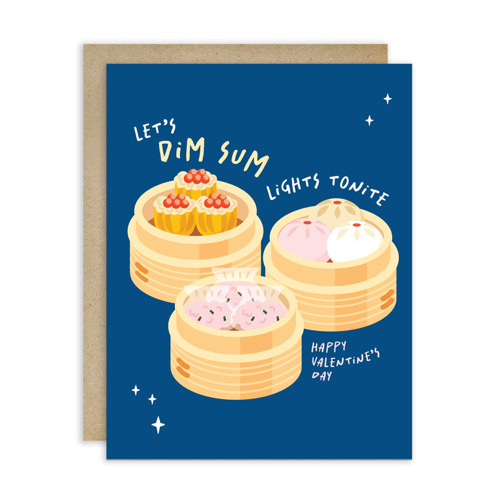 blue valentines day card with Three bamboo steamers on navy with text “Let’s dim sum lights tonite — Happy Valentine’s Day.”