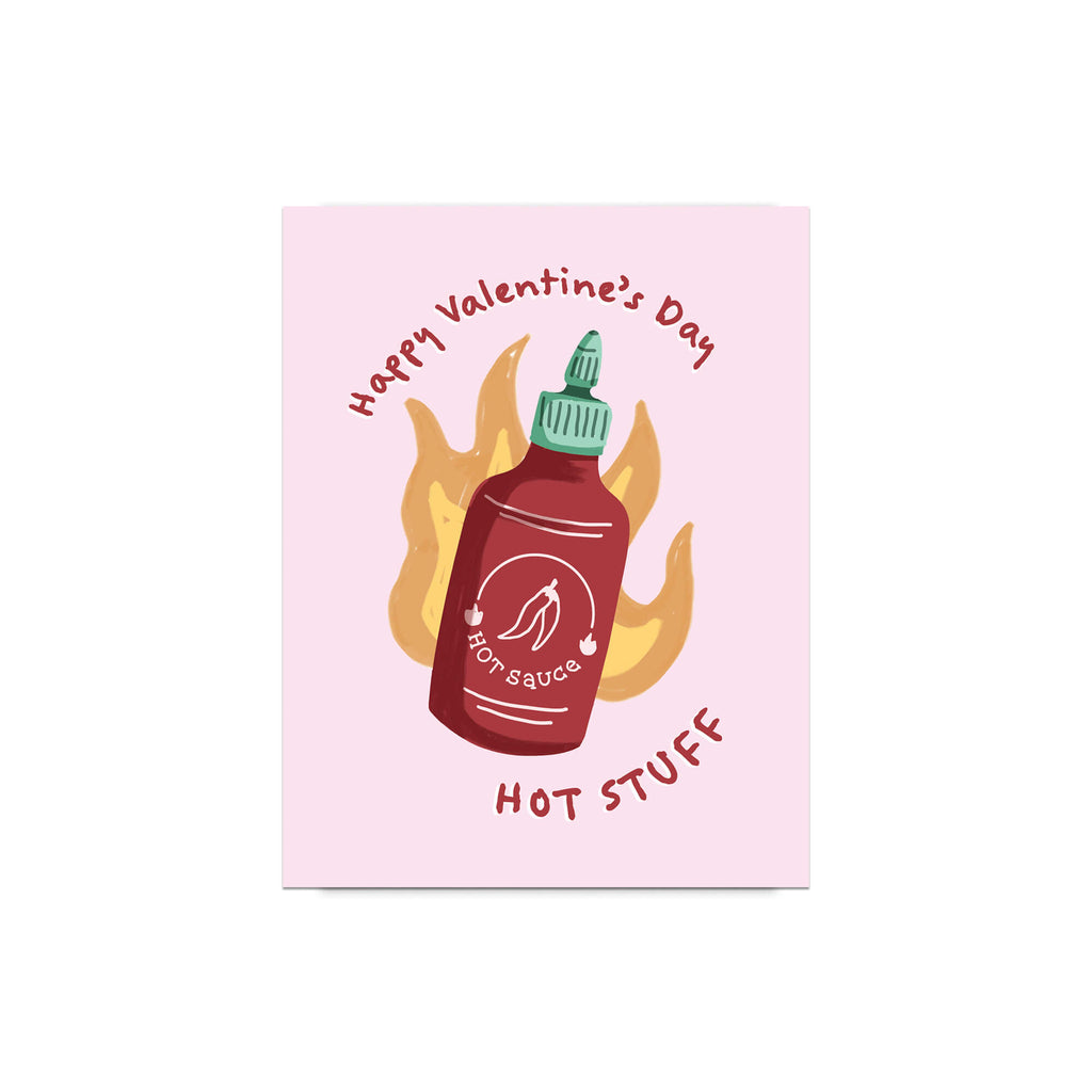 Valentine's Day card with a hot sauce bottle illustration on a pink background