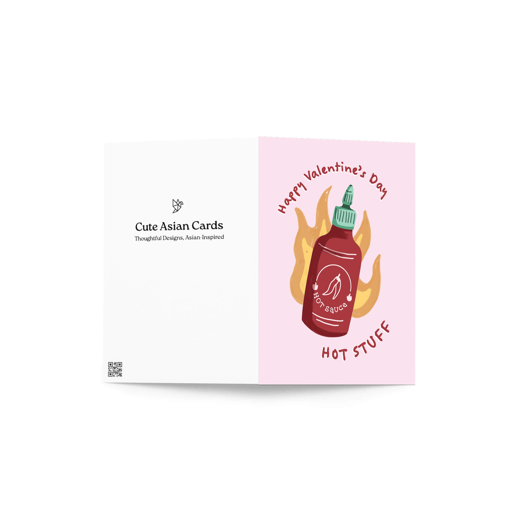 Red chili sauce bottle with flames; curved text “Happy Valentine’s Day — hot stuff.”