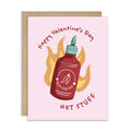 Valentine's Day card with hot sauce bottle illustration and flames on a pink background