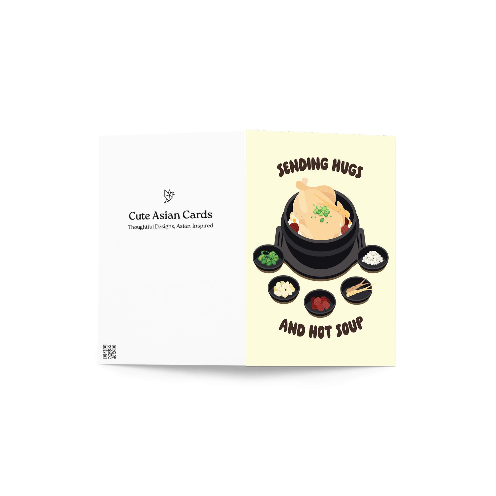 asian Greeting card with a cartoon illustration of a korean chicken soup and text 'Sending Hugs and Hot Soup' on a beige background.