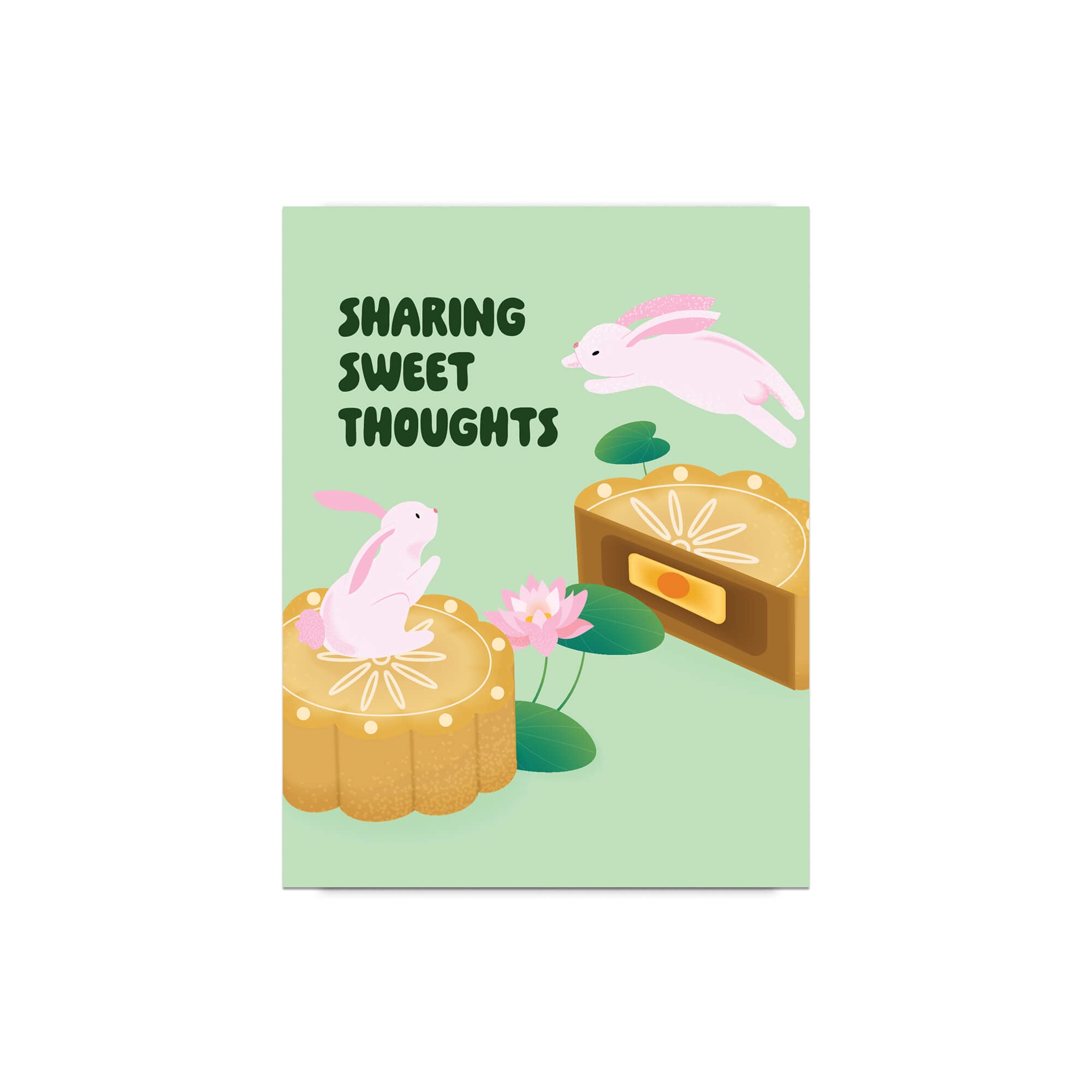asian chinese mid autumn festival Greeting card with rabbits and mooncakes on a light green background