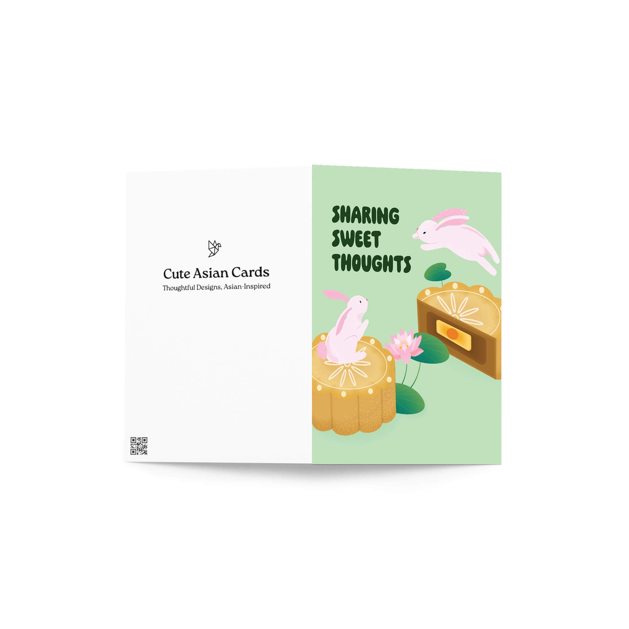 asian chinese mid autumn festival Greeting card with rabbits and mooncakes on a light green background