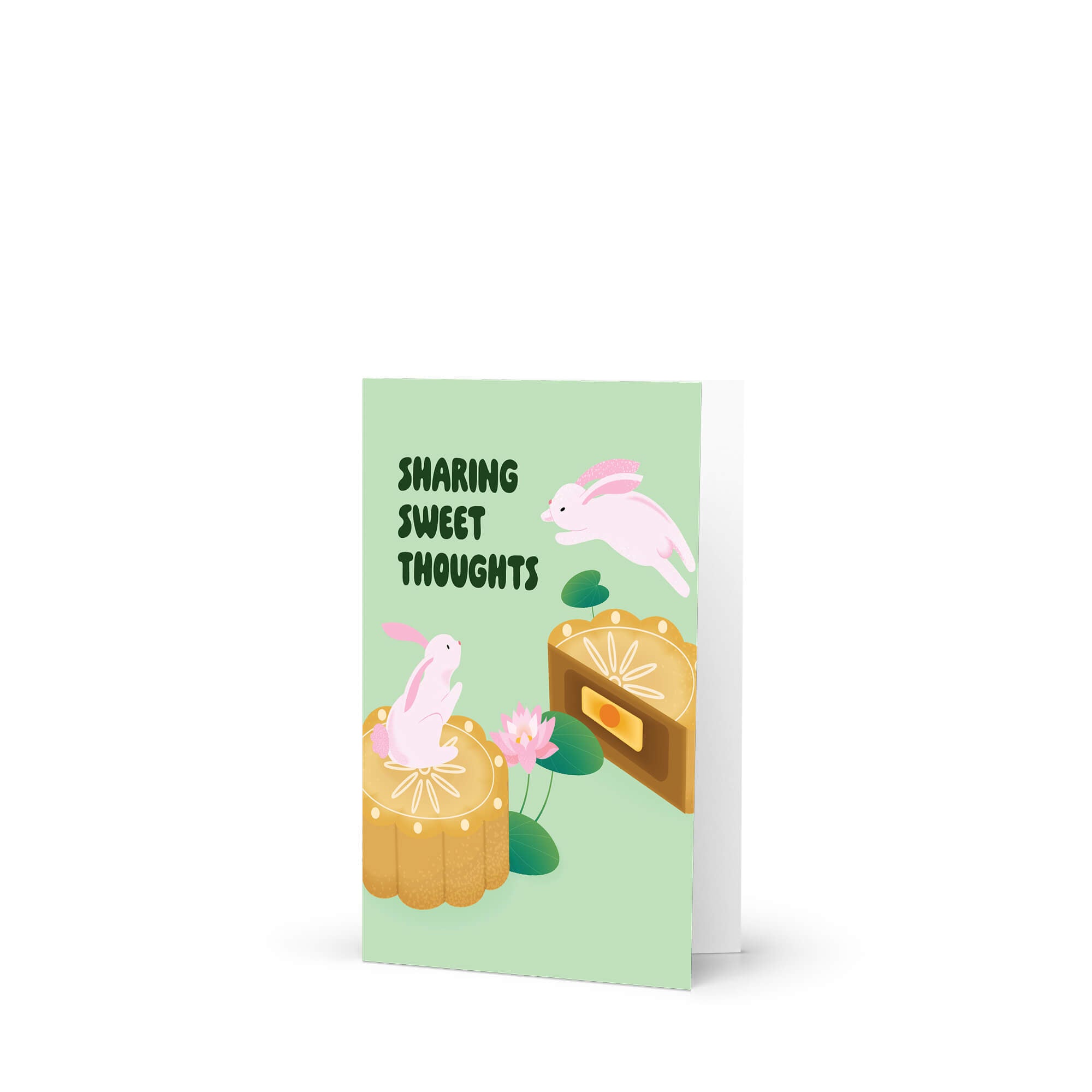 Greeting card with rabbits and text 'Sharing Sweet Thoughts' on a light green background