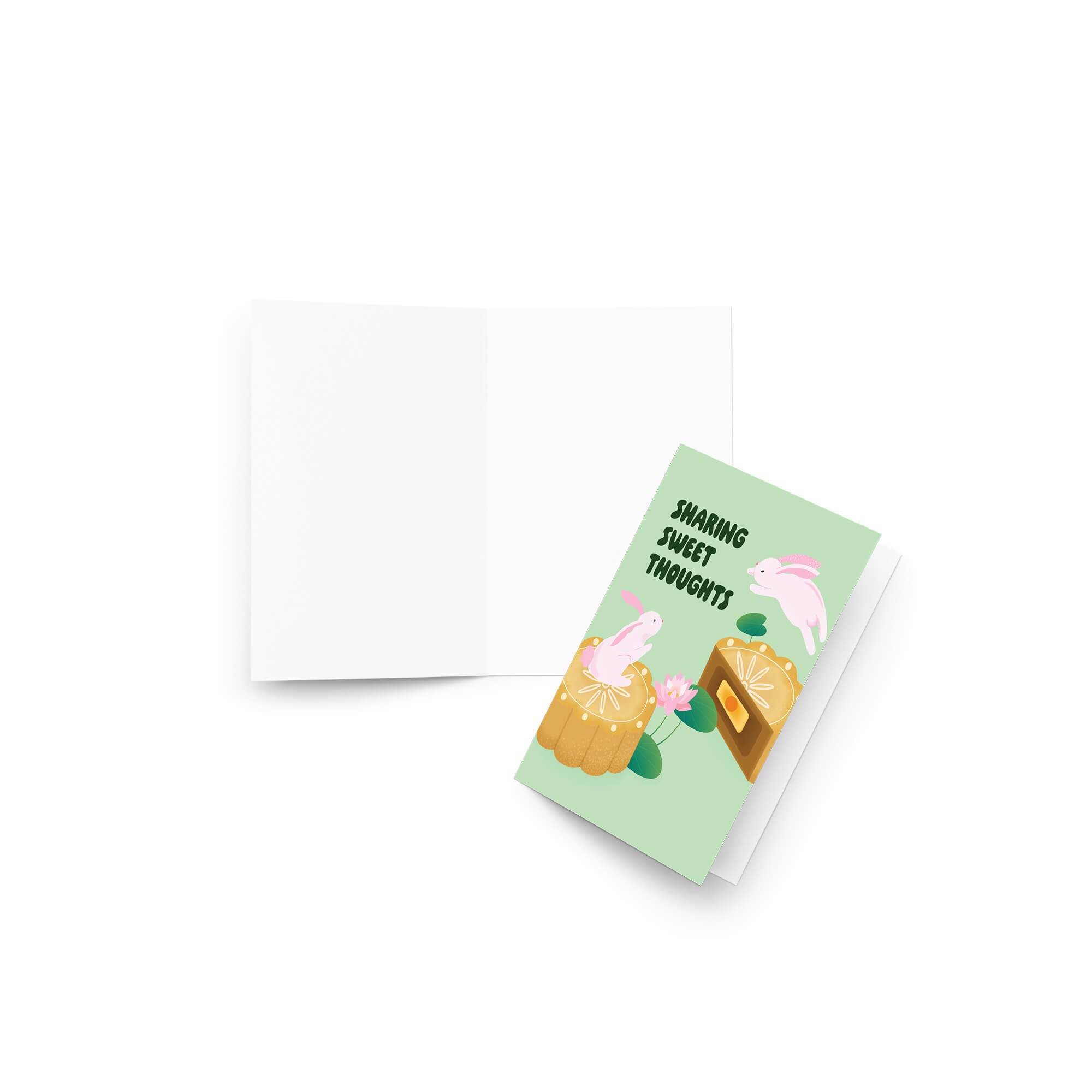asian chinese mid autumn festival Greeting card with rabbits and mooncakes on a light green background