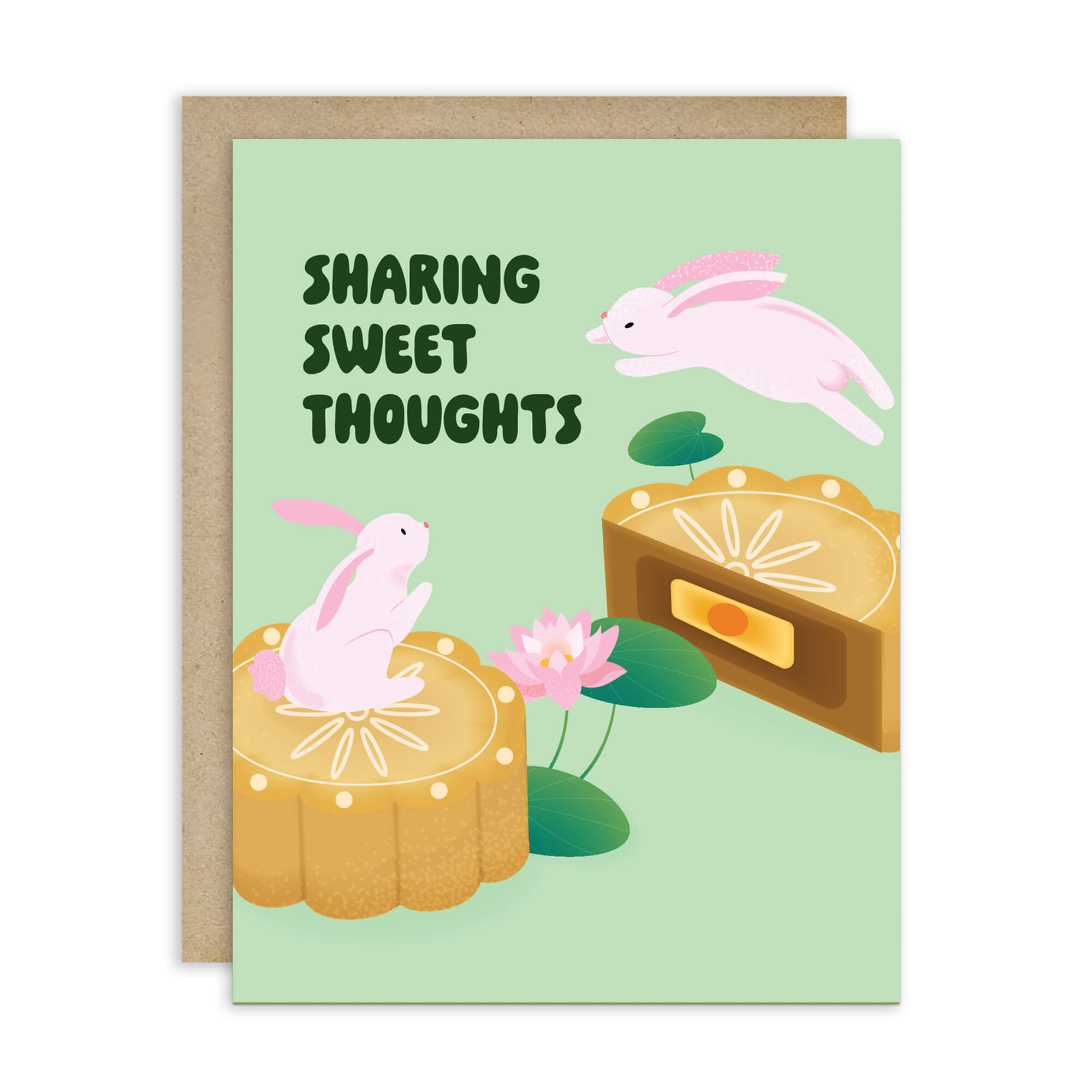 asian chinese mid autumn festival Greeting card with rabbits and mooncakes on a light green background