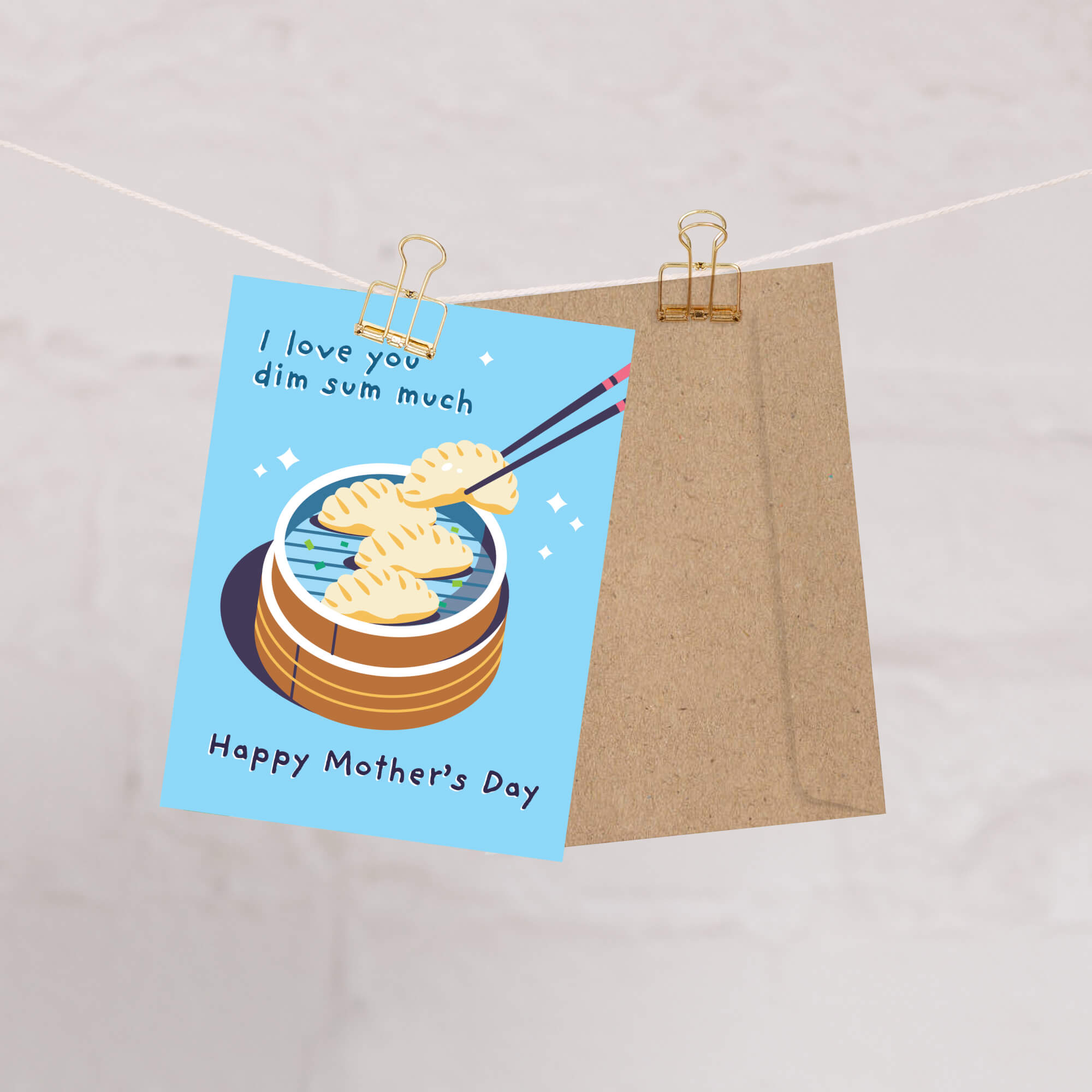 cute happy mother's day card with chinese dim sum dumpling illustration and 'Happy Mother's Day' text on a blue background