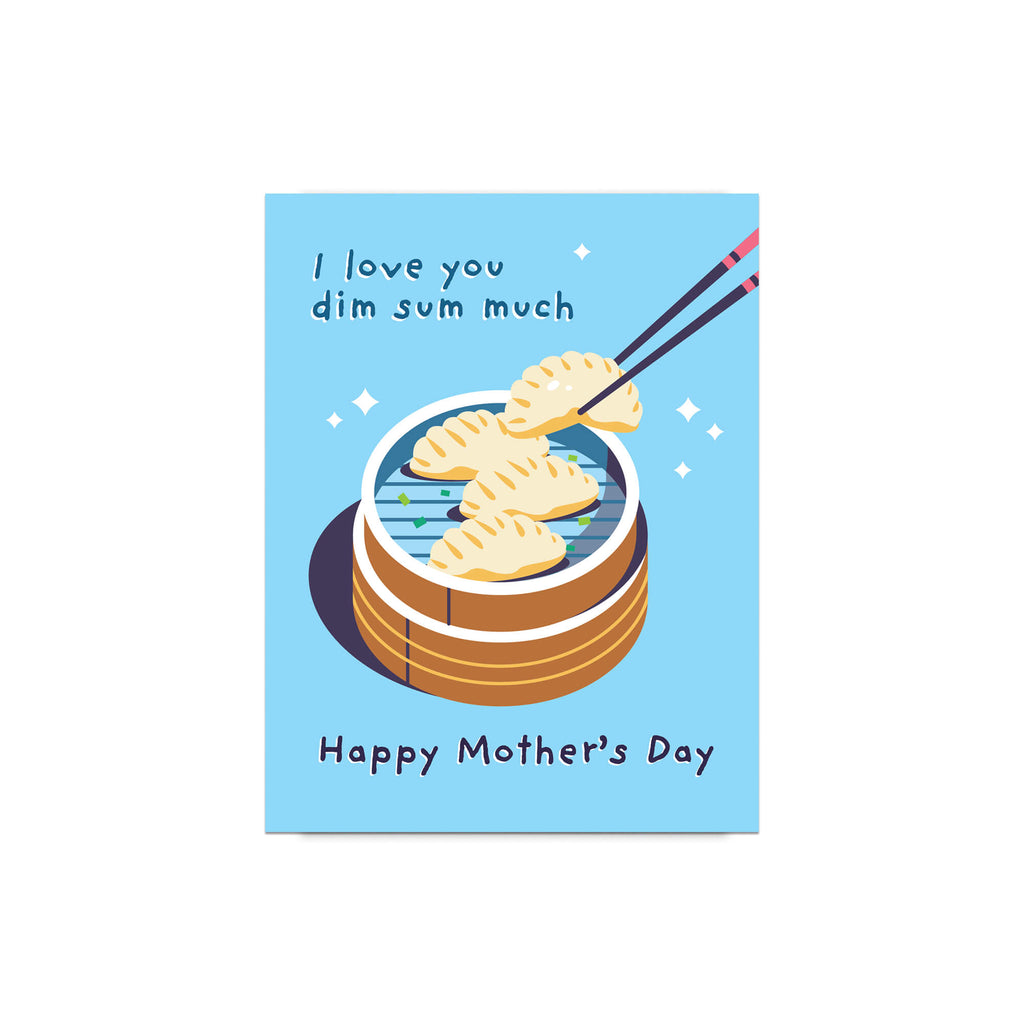 cute happy mother's day card with chinese dim sum dumpling illustration and 'Happy Mother's Day' text on a blue background