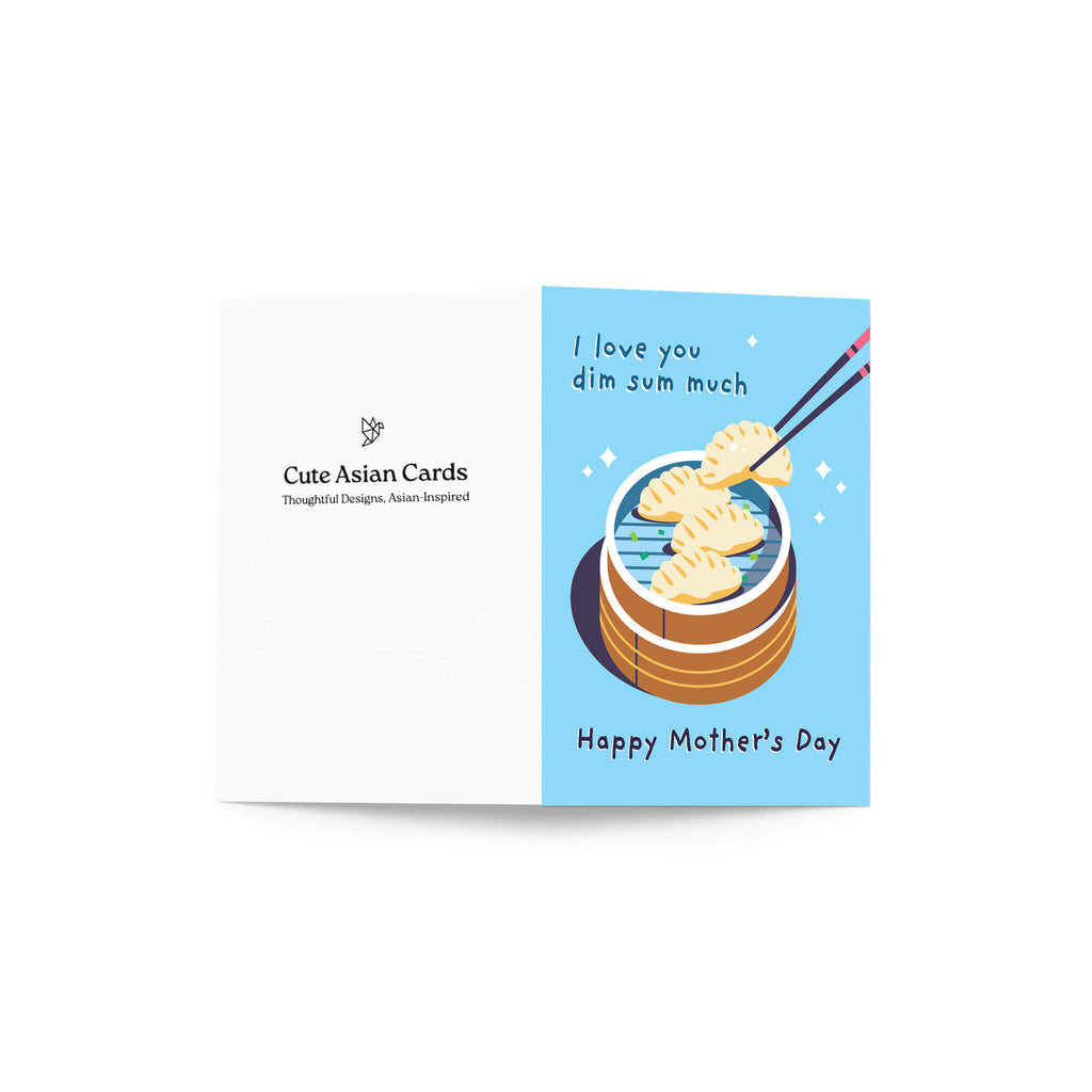cute happy mother's day card with chinese dim sum dumpling illustration and 'Happy Mother's Day' text on a blue background