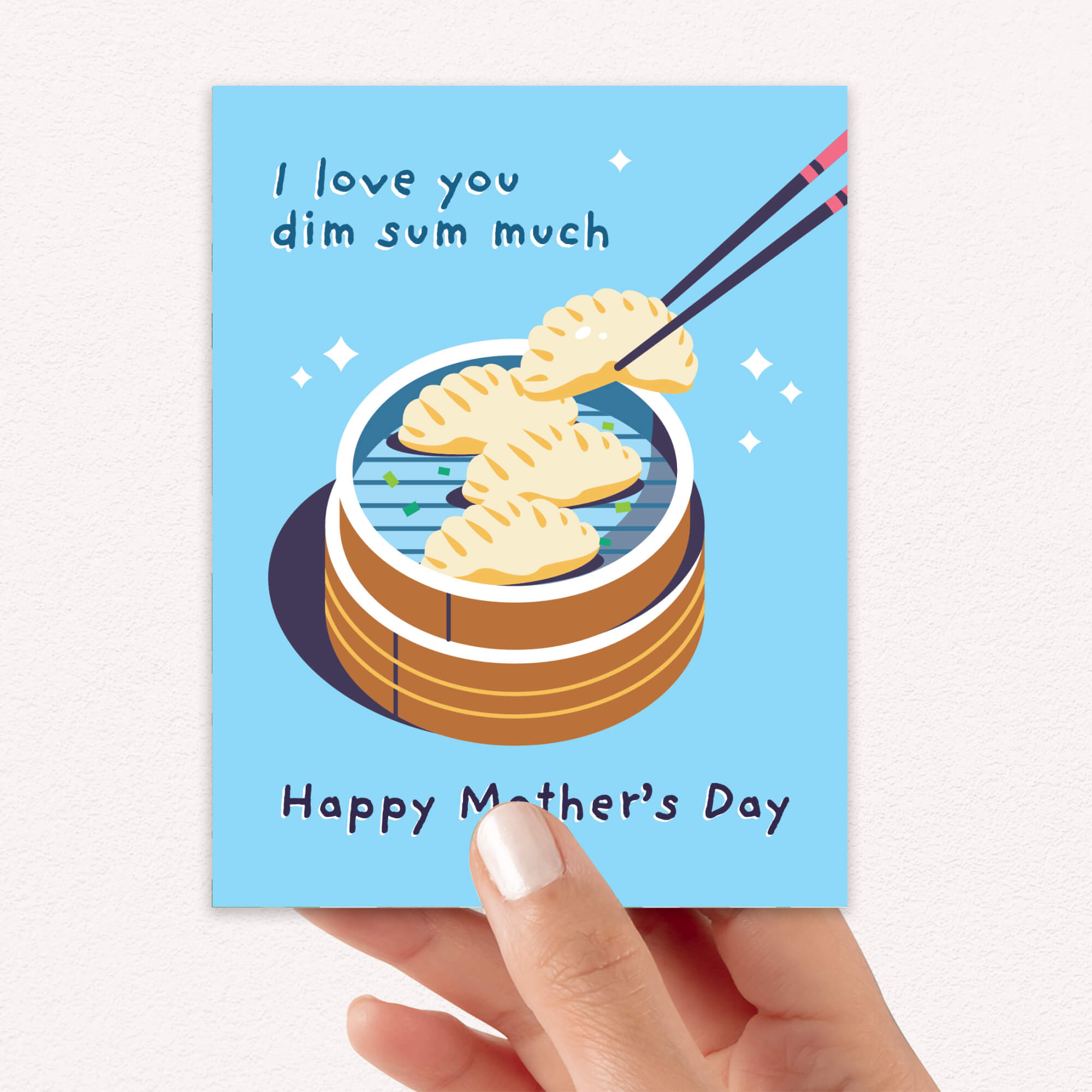 cute happy mother's day card with chinese dim sum dumpling illustration and 'Happy Mother's Day' text on a blue background