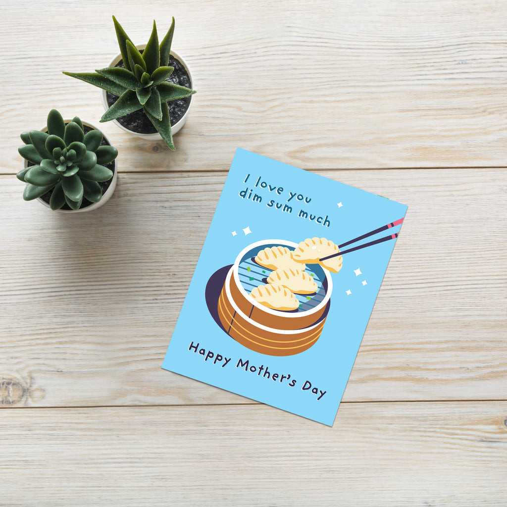 cute happy mother's day card with chinese dim sum dumpling illustration and 'Happy Mother's Day' text on a blue background