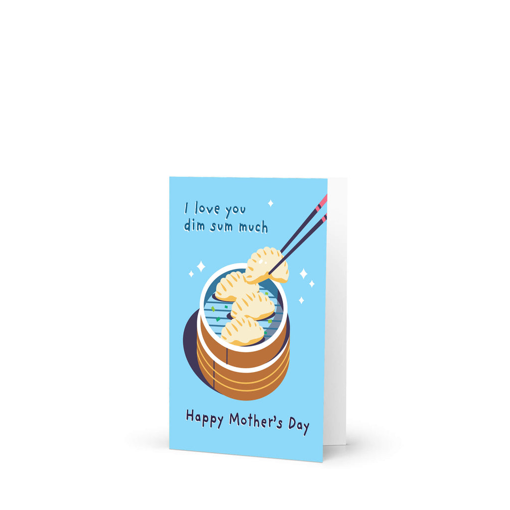 cute happy mother's day card with chinese dim sum dumpling illustration and 'Happy Mother's Day' text on a blue background