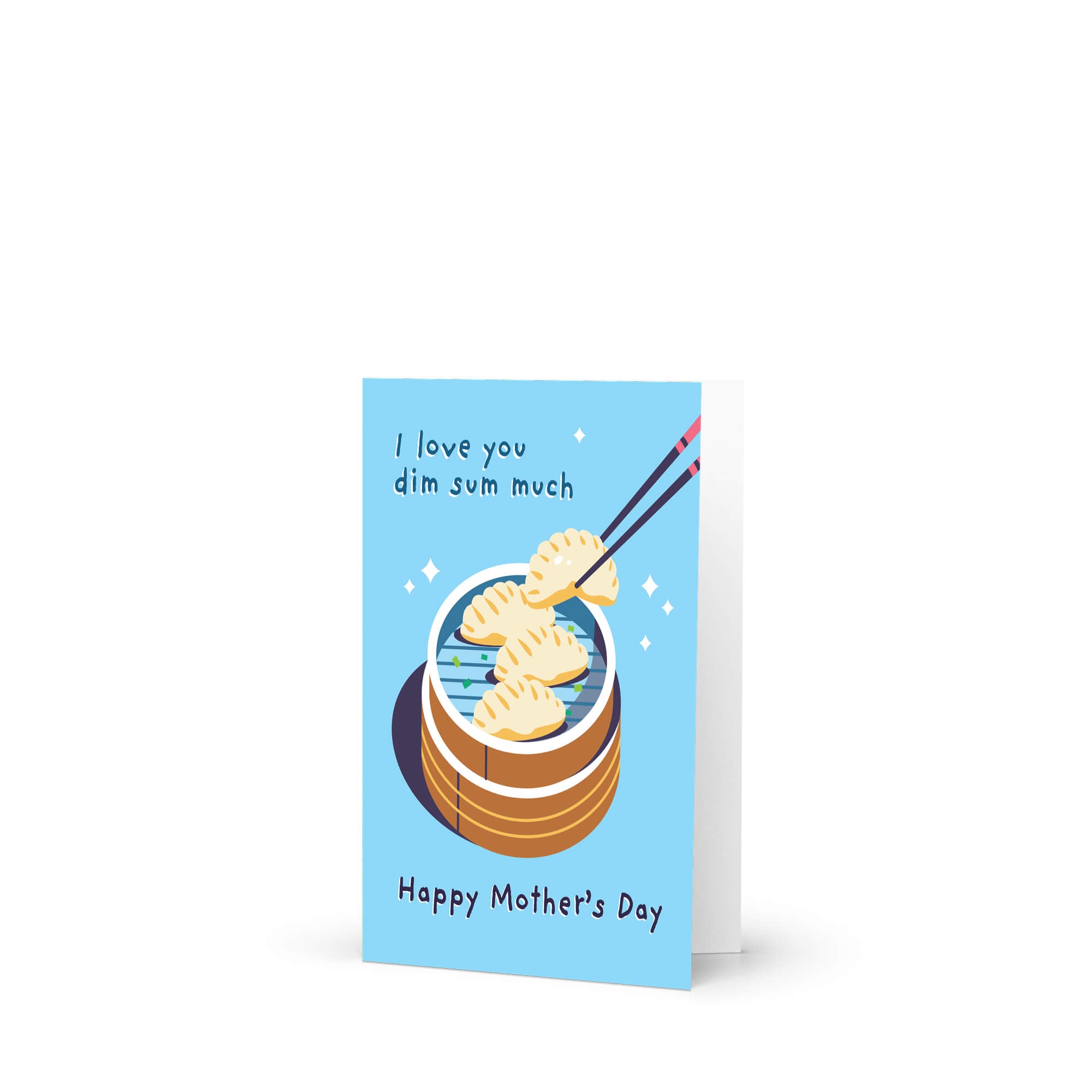 cute happy mother's day card with chinese dim sum dumpling illustration and 'Happy Mother's Day' text on a blue background