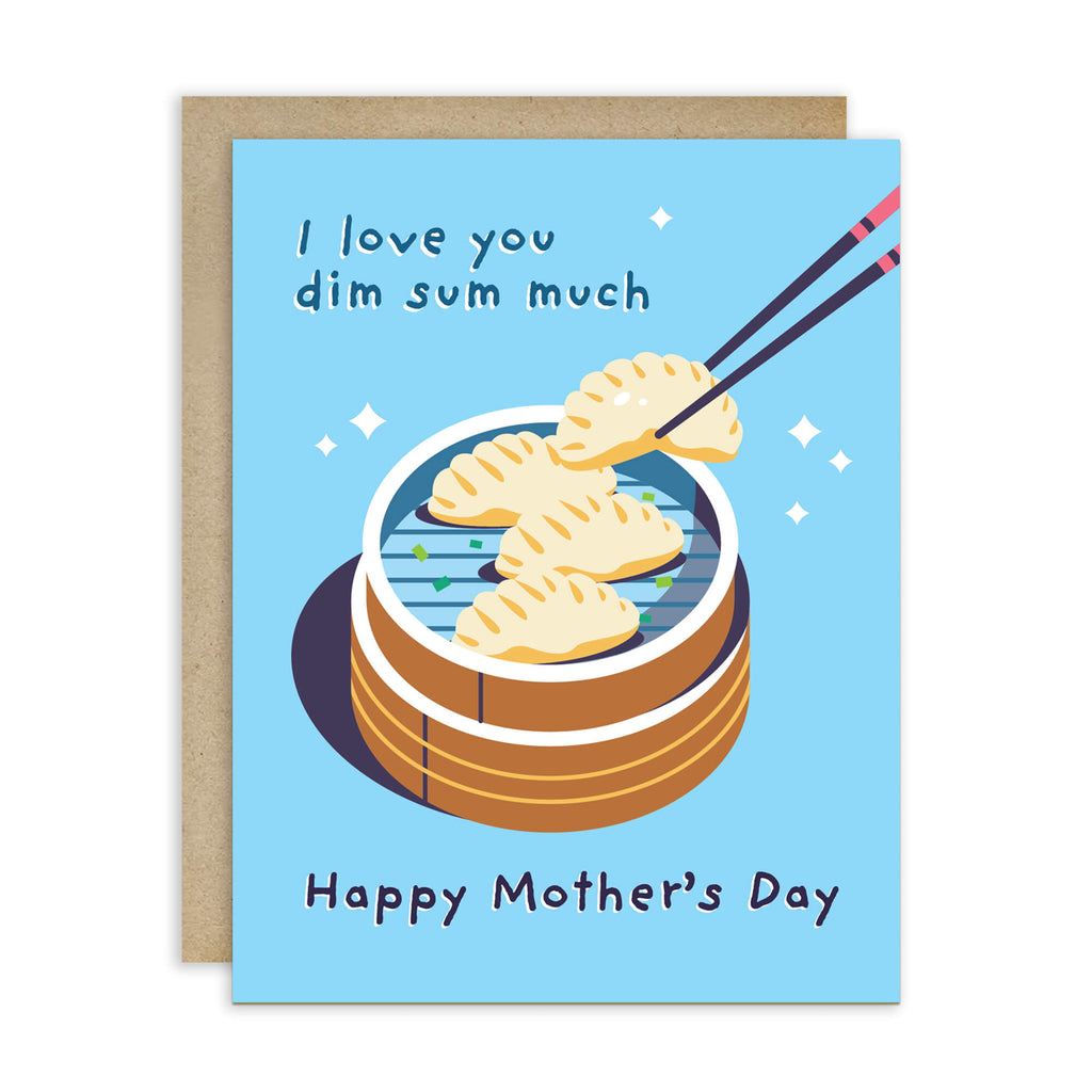 cute happy mother's day card with chinese dim sum dumpling illustration and 'Happy Mother's Day' text on a blue background