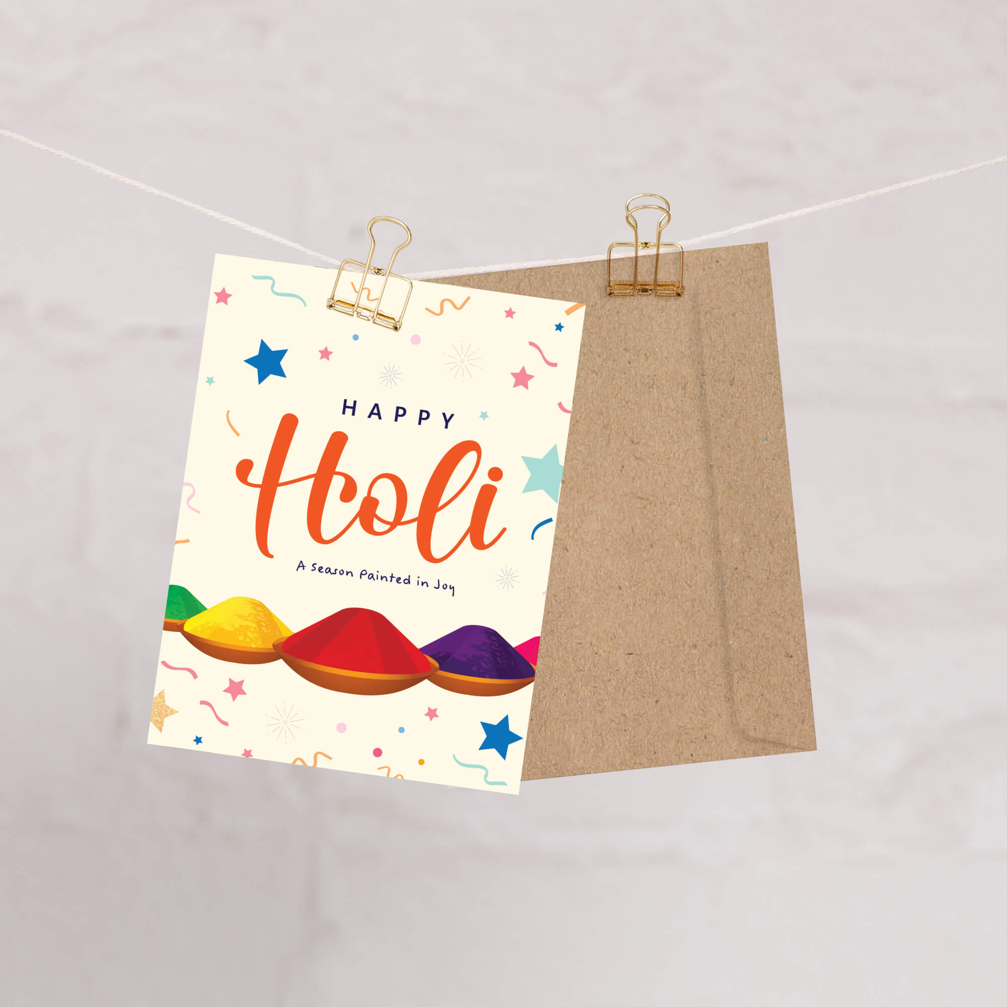 indian Greeting card with 'Happy Holi' text and colorful powder illustrations on a white background for hindu festival of color