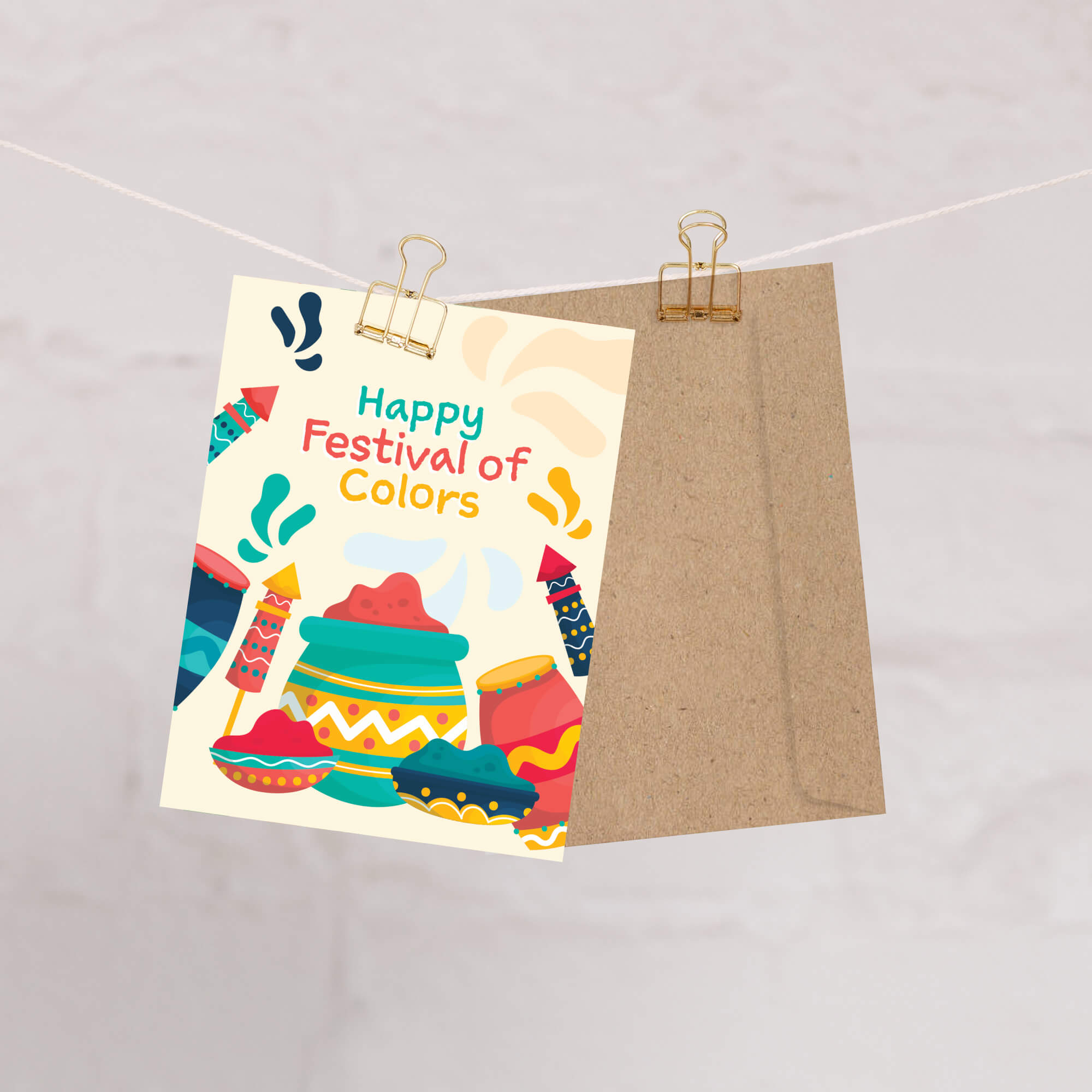 indian Greeting card with colorful illustrations of hindu festival of color and 'Happy Festival of Colors' text with gulal