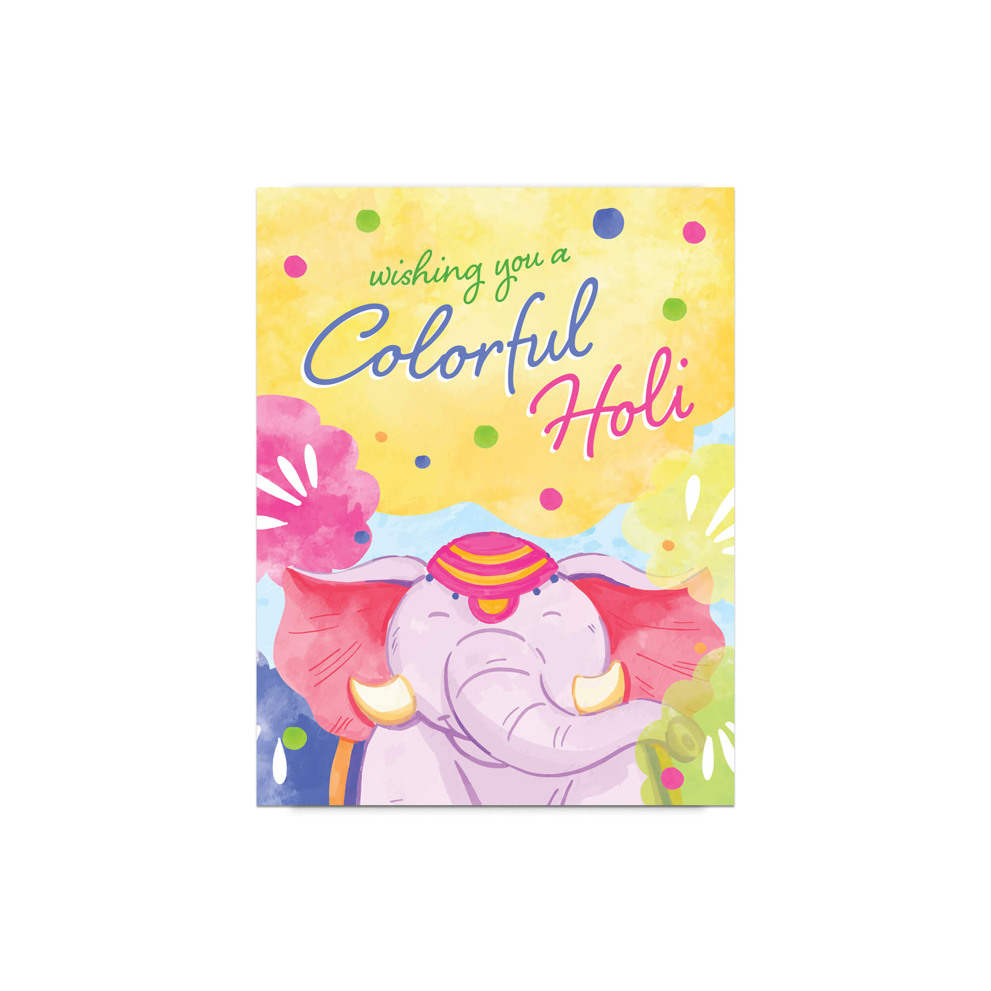 Colorful card with an elephant and text 'Wishing you a Colorful Holi' on a white background