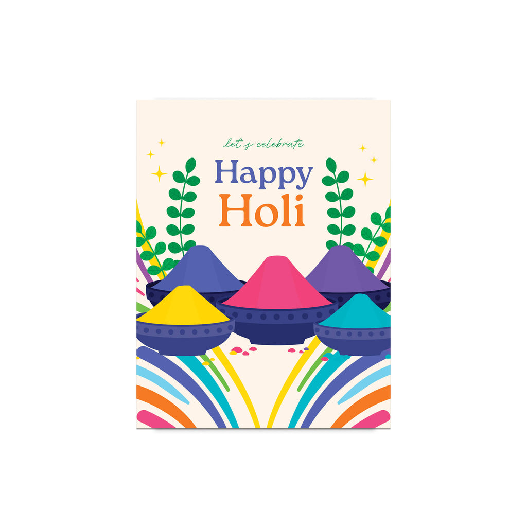 greeting Card with colorful design and 'Happy Holi' text on a white background; Rainbow lines leading to stacked color gulal bowls