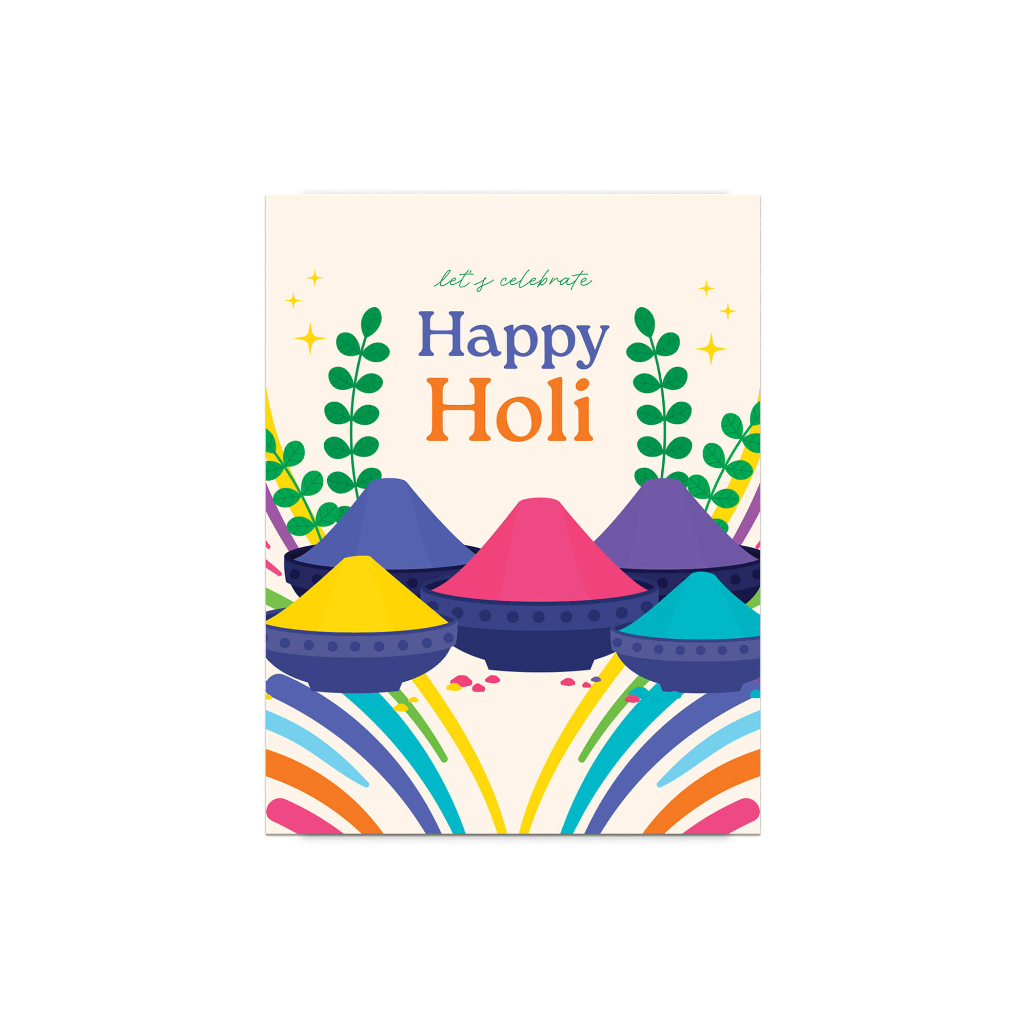 greeting Card with colorful design and 'Happy Holi' text on a white background; Rainbow lines leading to stacked color gulal bowls