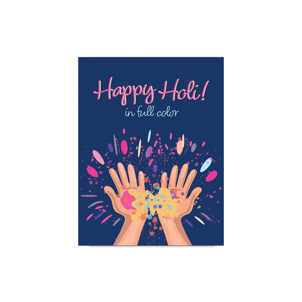 indian Greeting card with 'Happy Holi!' text and colorful hands holding gulal powder splashes on a blue background for the hindu festival of colors