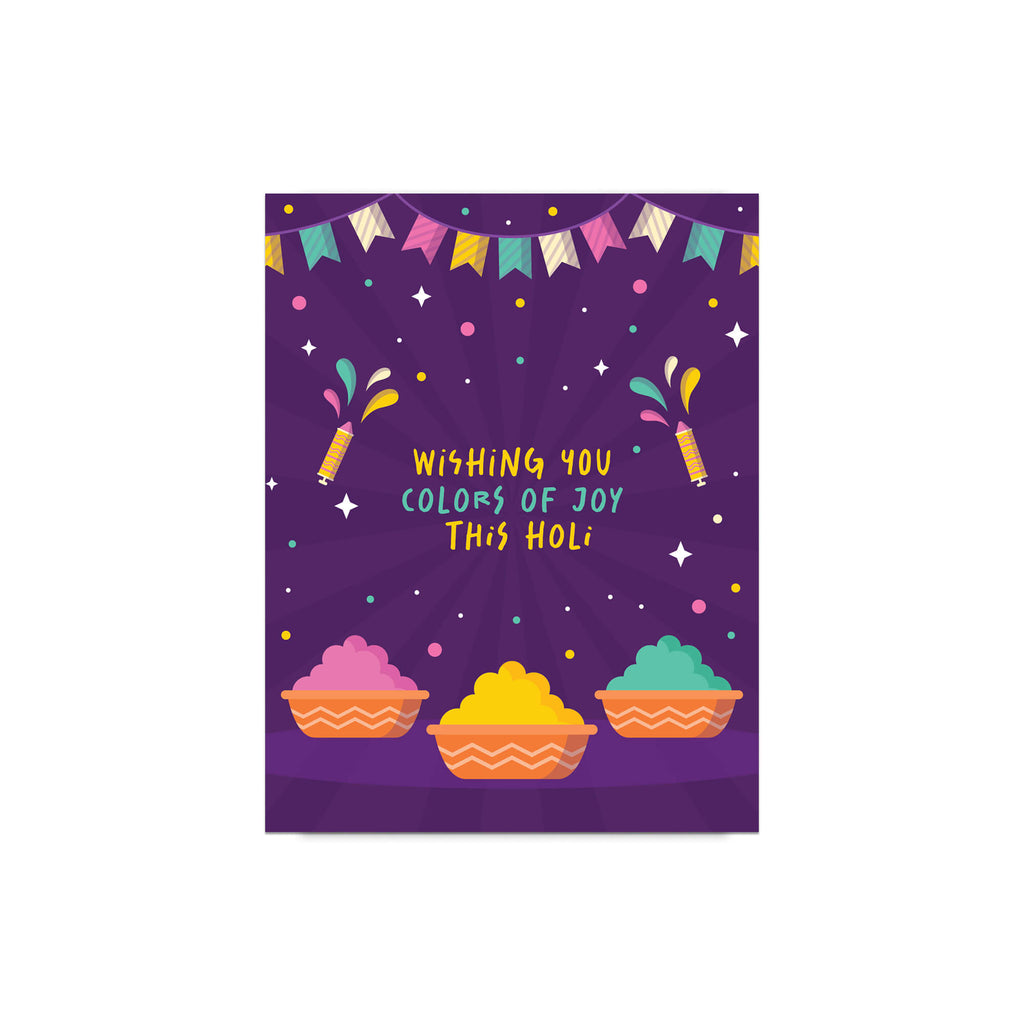 indian Greeting card with colorful design and text 'Wishing you colors of joy this Holi' on a purple background for hindu festival of colors