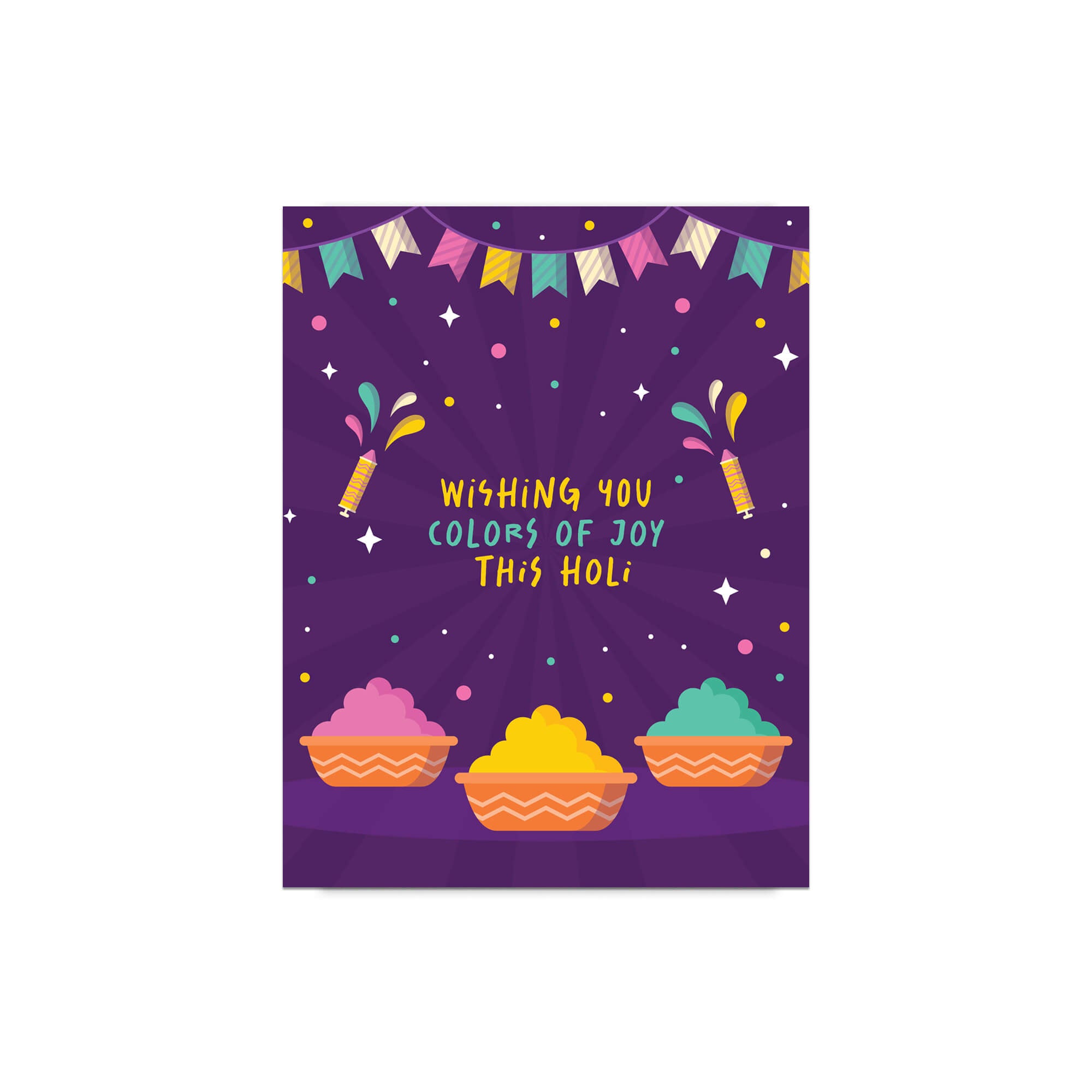 indian Greeting card with colorful design and text 'Wishing you colors of joy this Holi' on a purple background for hindu festival of colors