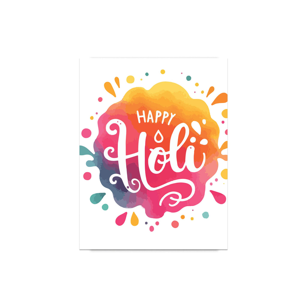 indian Greeting card with 'Happy Holi' text on a colorful watercolor background to celebrate hindu festival of color
