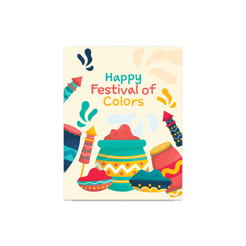 indian Greeting card with colorful illustrations of hindu festival of color and 'Happy Festival of Colors' text with gulal