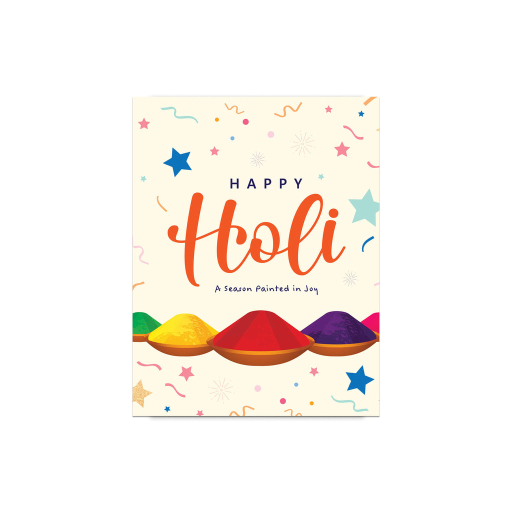 indian Greeting card with 'Happy Holi' text and colorful powder illustrations on a white background for hindu festival of color