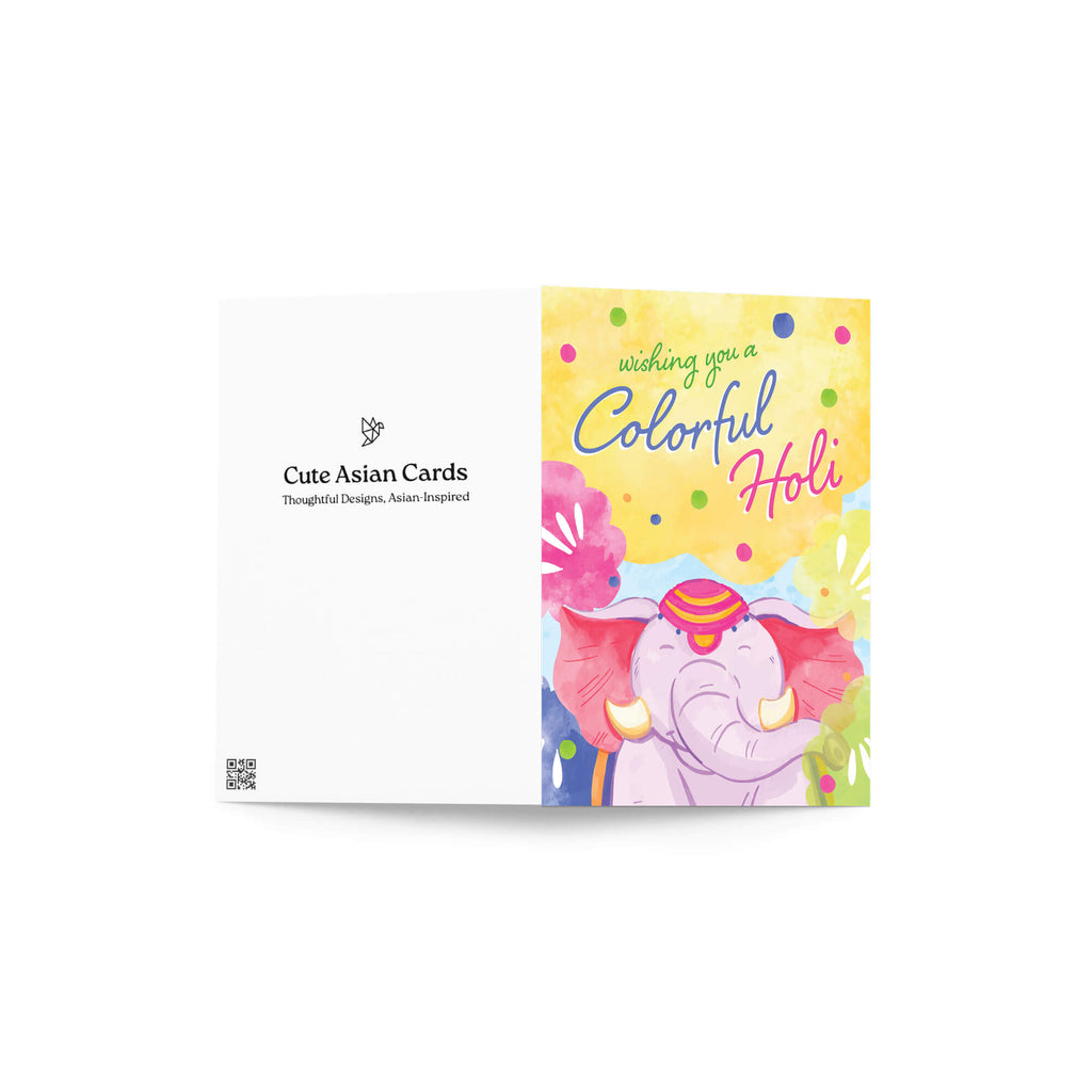 Colorful Holi card with an elephant design on a white background