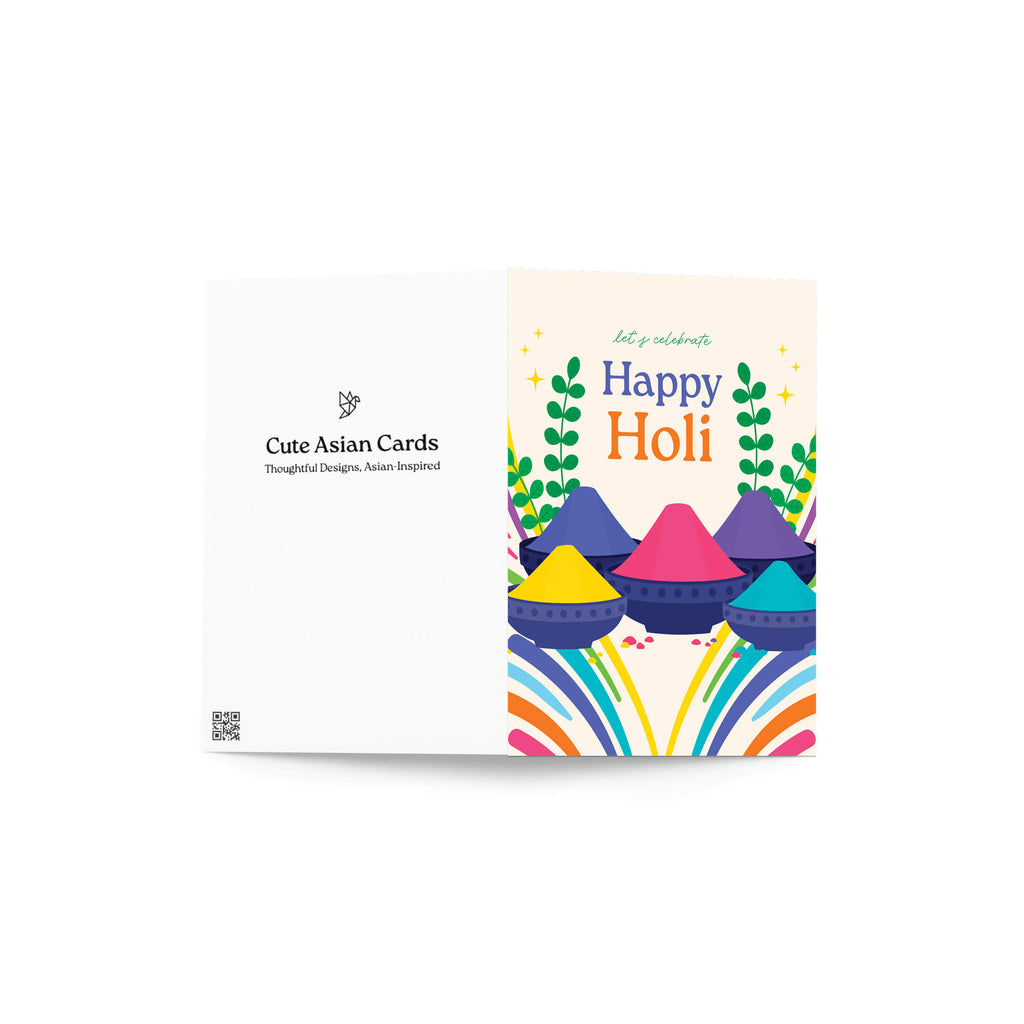 Card with colorful design and 'Happy Holi' text on a white background; Rainbow lines leading to stacked color gulal bowls