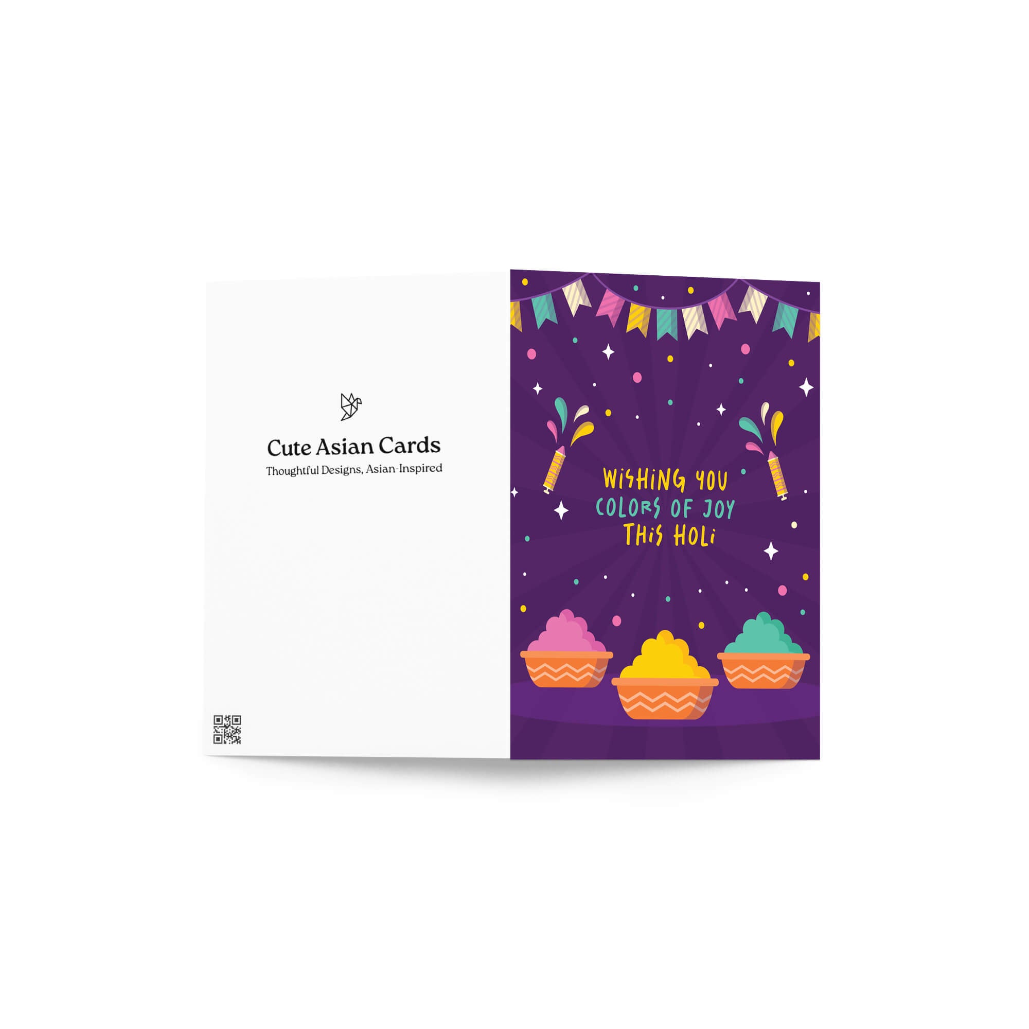 indian Greeting card with colorful design and text 'Wishing you colors of joy this Holi' on a purple background for hindu festival of colors