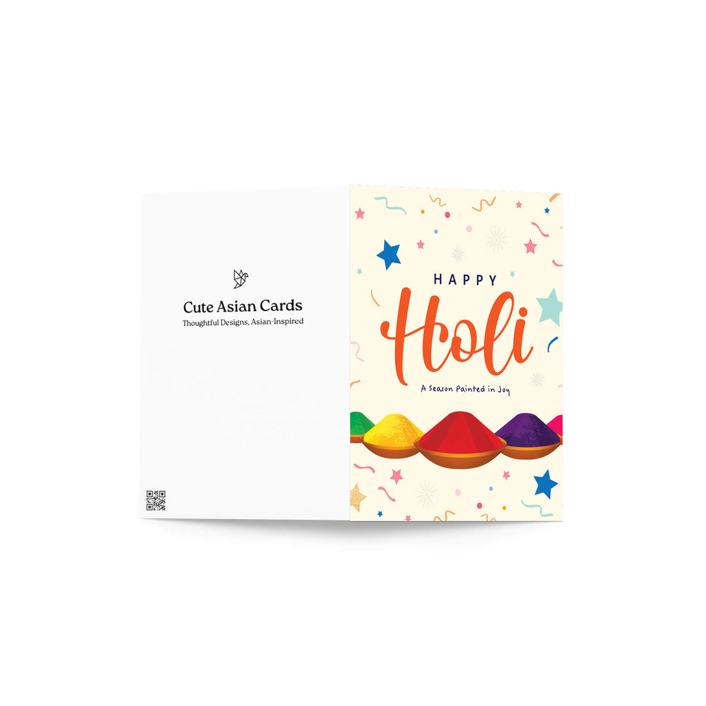 indian Greeting card with 'Happy Holi' text and colorful powder illustrations on a white background for hindu festival of color