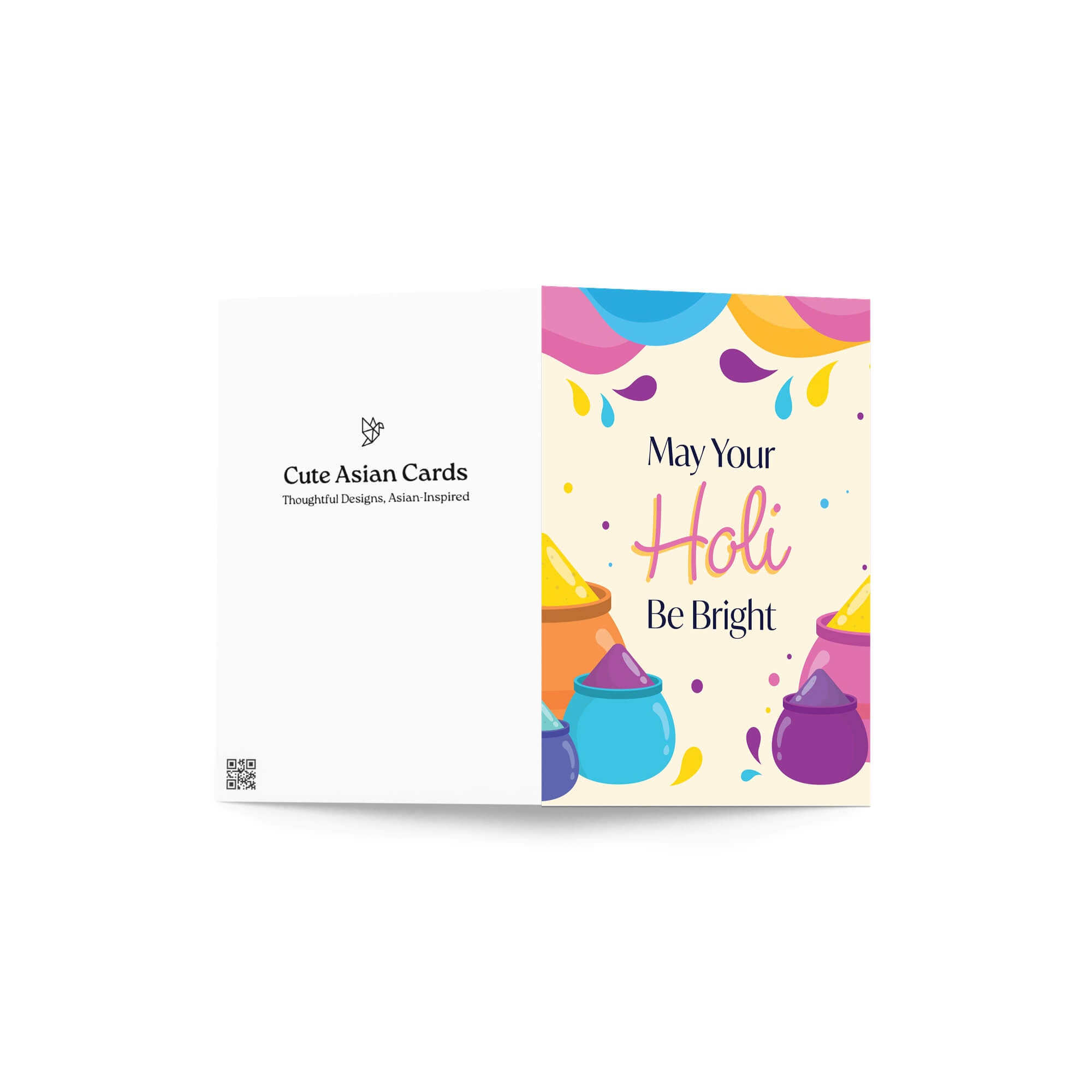 indian Greeting card with colorful Holi-themed design and text 'May Your Holi Be Bright' on a white background for  hindu festival of colors
